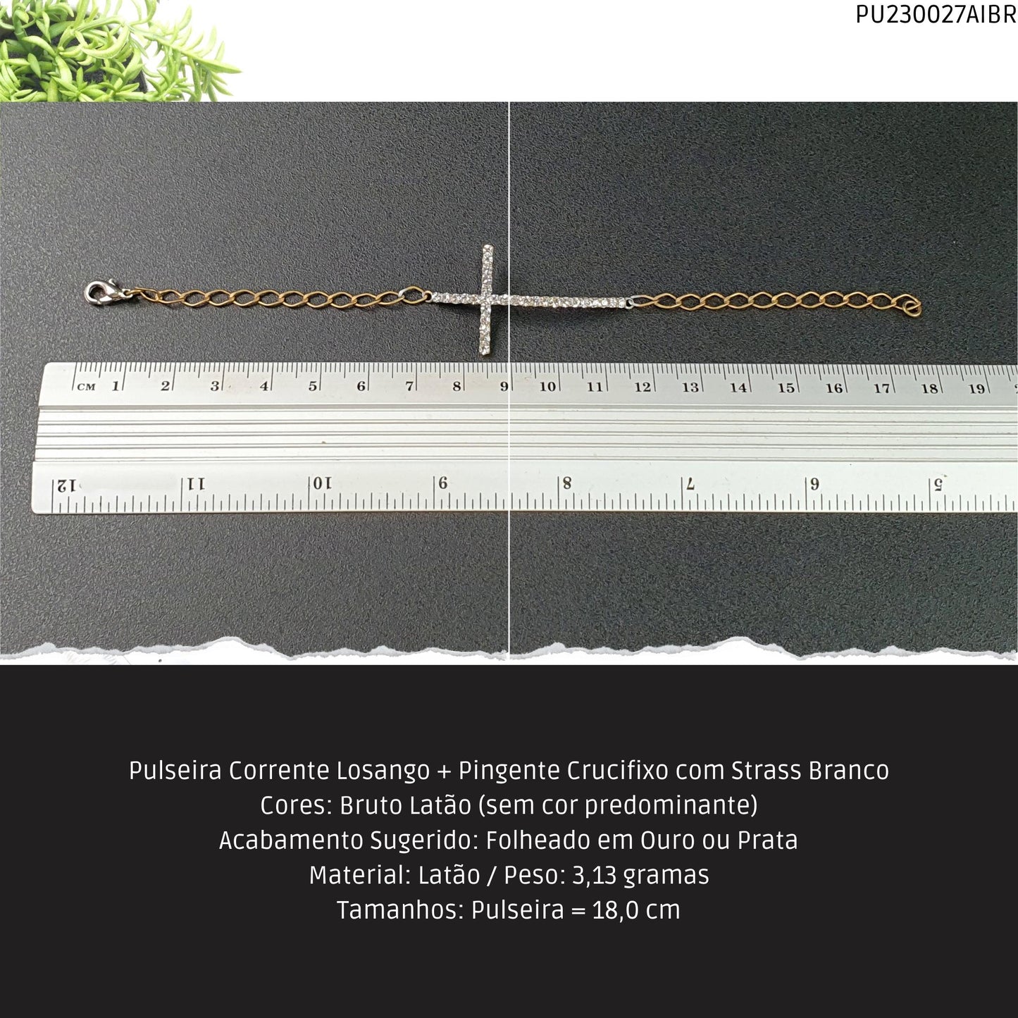 Pulseira Corrente Losango + Pingente Crucifixo com Strass Branco  - Código.: PU230027AIBR  - Peso.: 3.1 gr