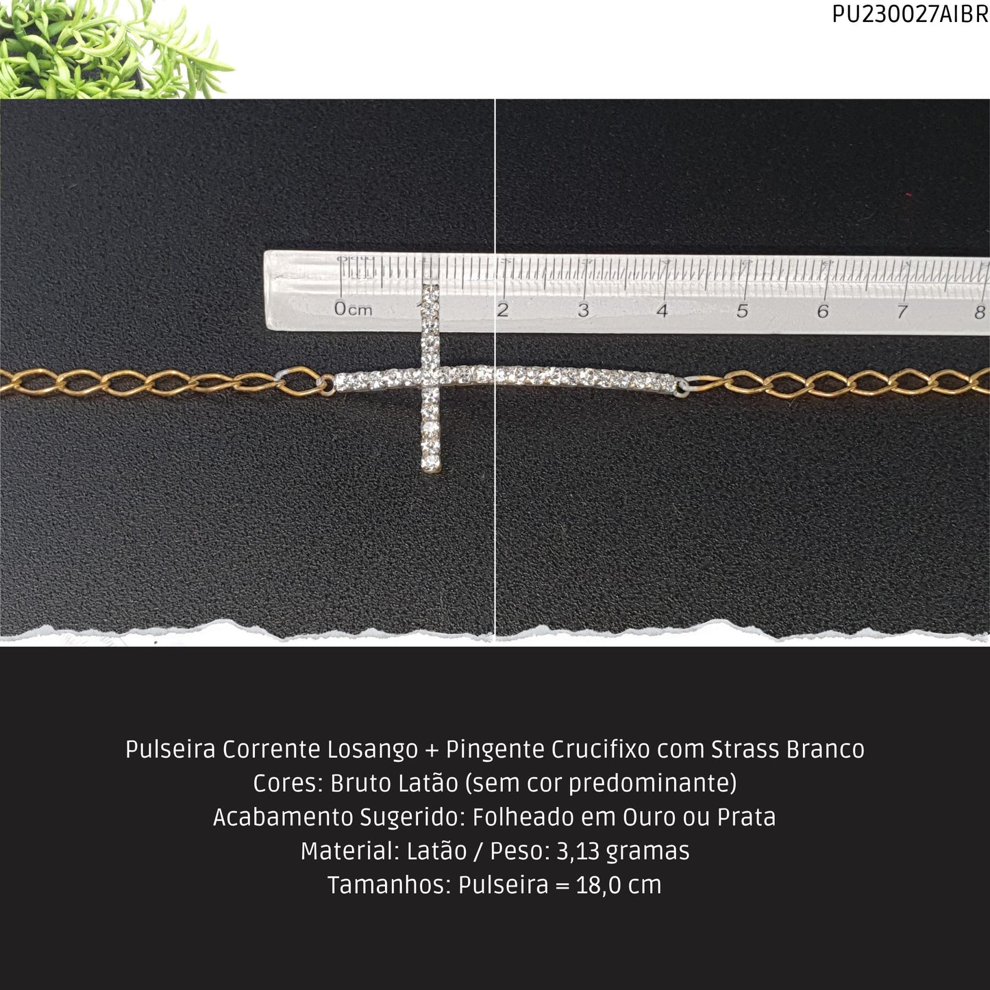 Pulseira Corrente Losango + Pingente Crucifixo com Strass Branco  - Código.: PU230027AIBR  - Peso.: 3.1 gr