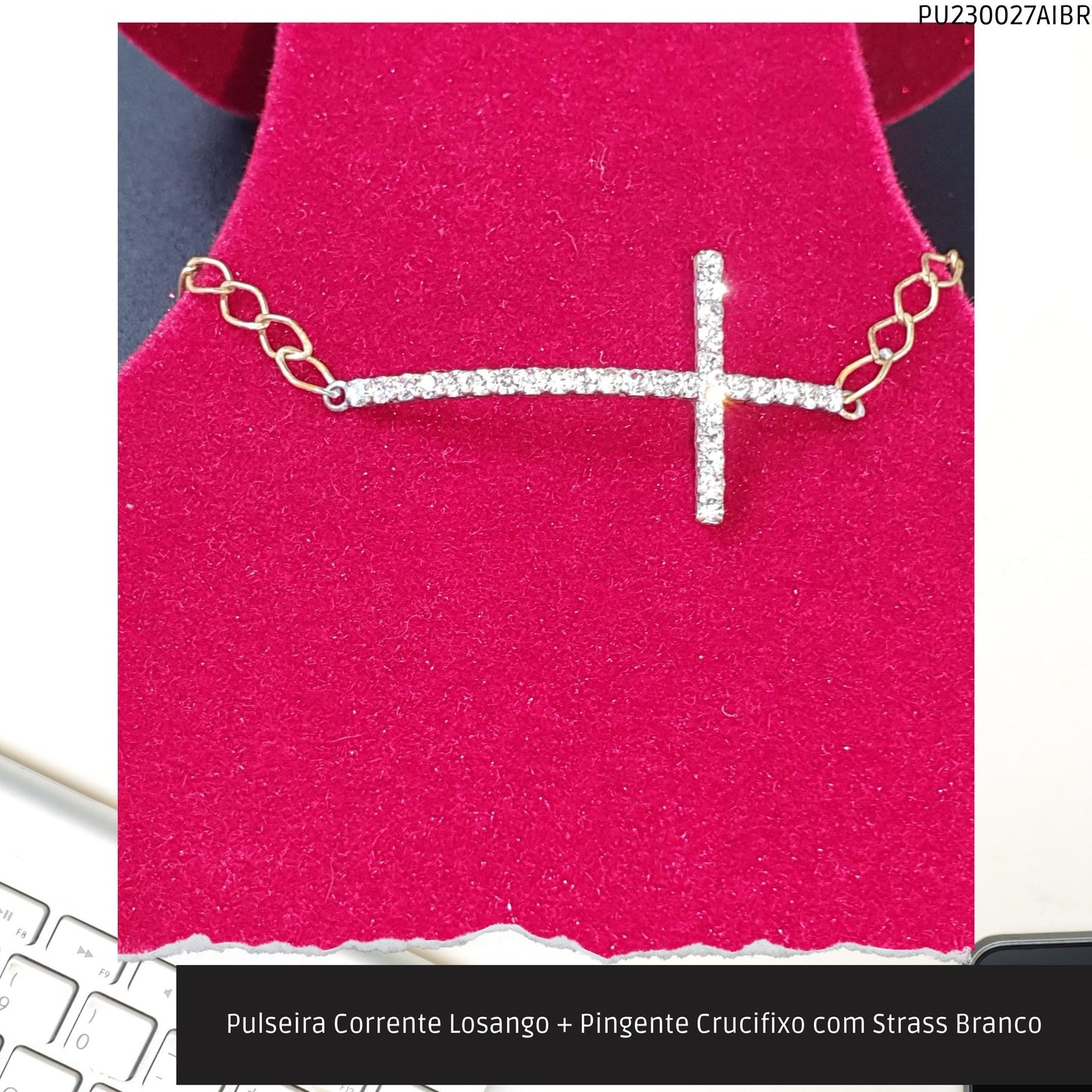 Pulseira Corrente Losango + Pingente Crucifixo com Strass Branco  - Código.: PU230027AIBR  - Peso.: 3.1 gr