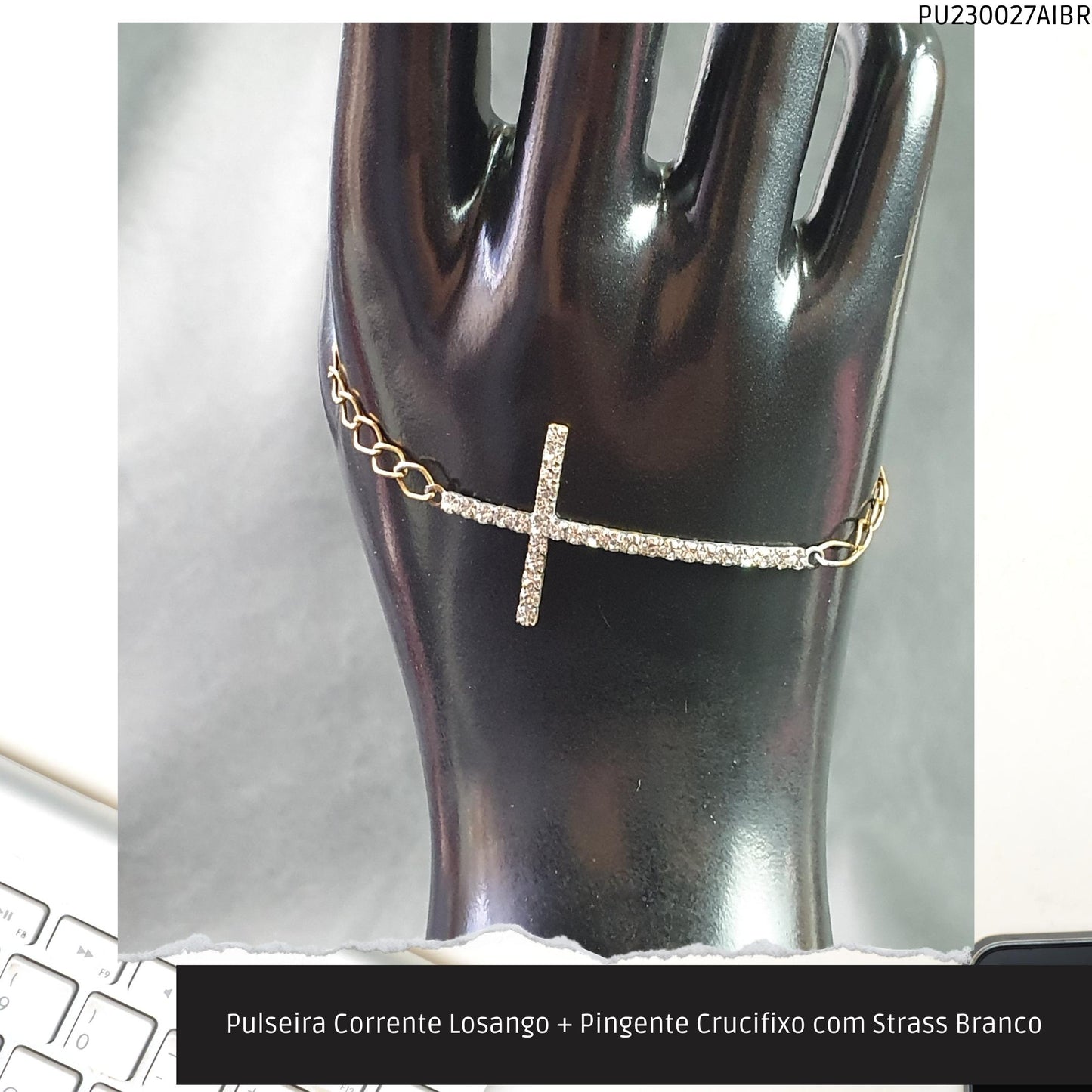 Pulseira Corrente Losango + Pingente Crucifixo com Strass Branco  - Código.: PU230027AIBR  - Peso.: 3.1 gr