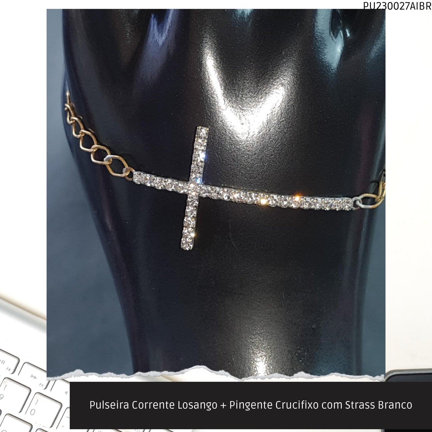 Pulseira Corrente Losango + Pingente Crucifixo com Strass Branco  - Código.: PU230027AIBR  - Peso.: 3.1 gr