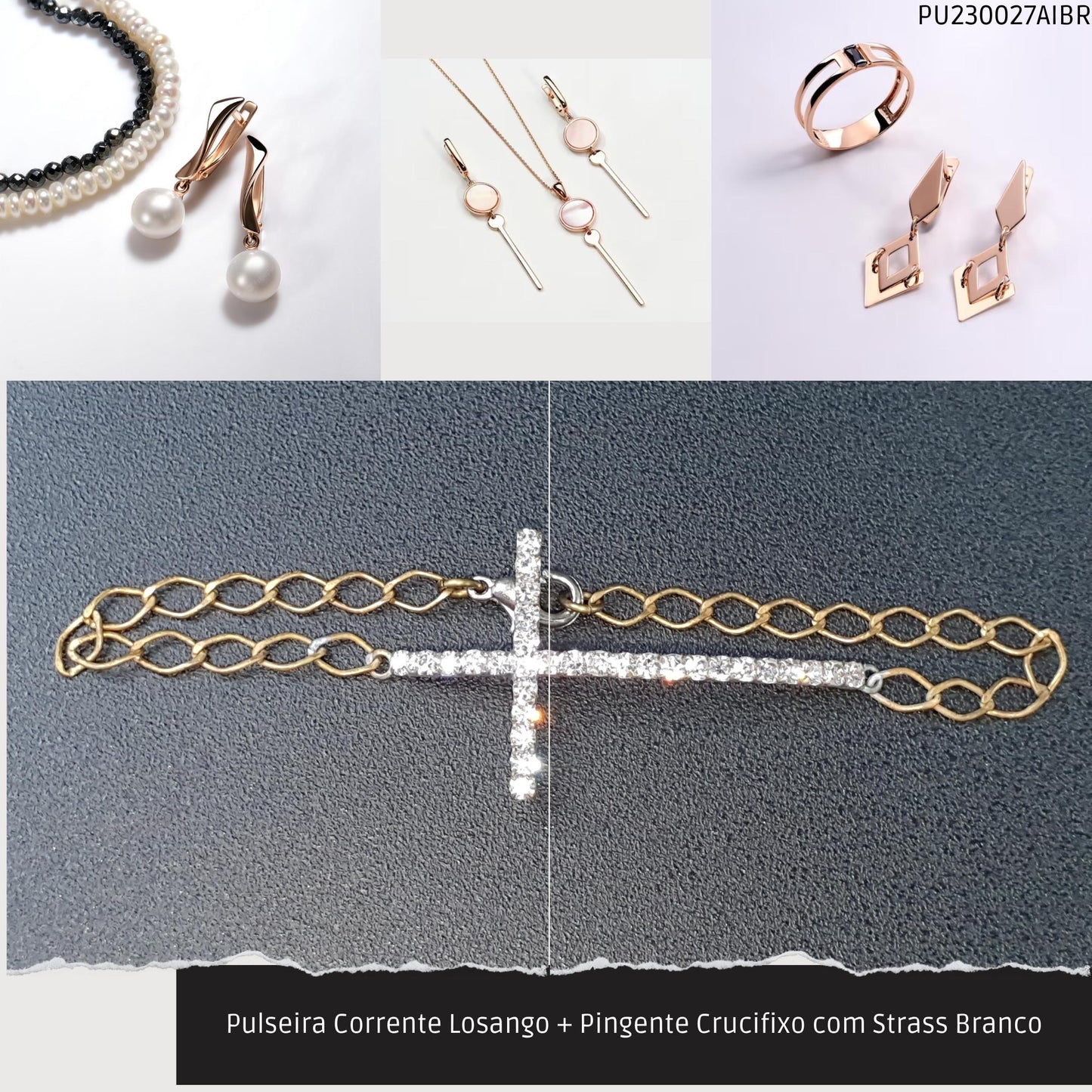 Pulseira Corrente Losango + Pingente Crucifixo com Strass Branco  - Código.: PU230027AIBR  - Peso.: 3.1 gr