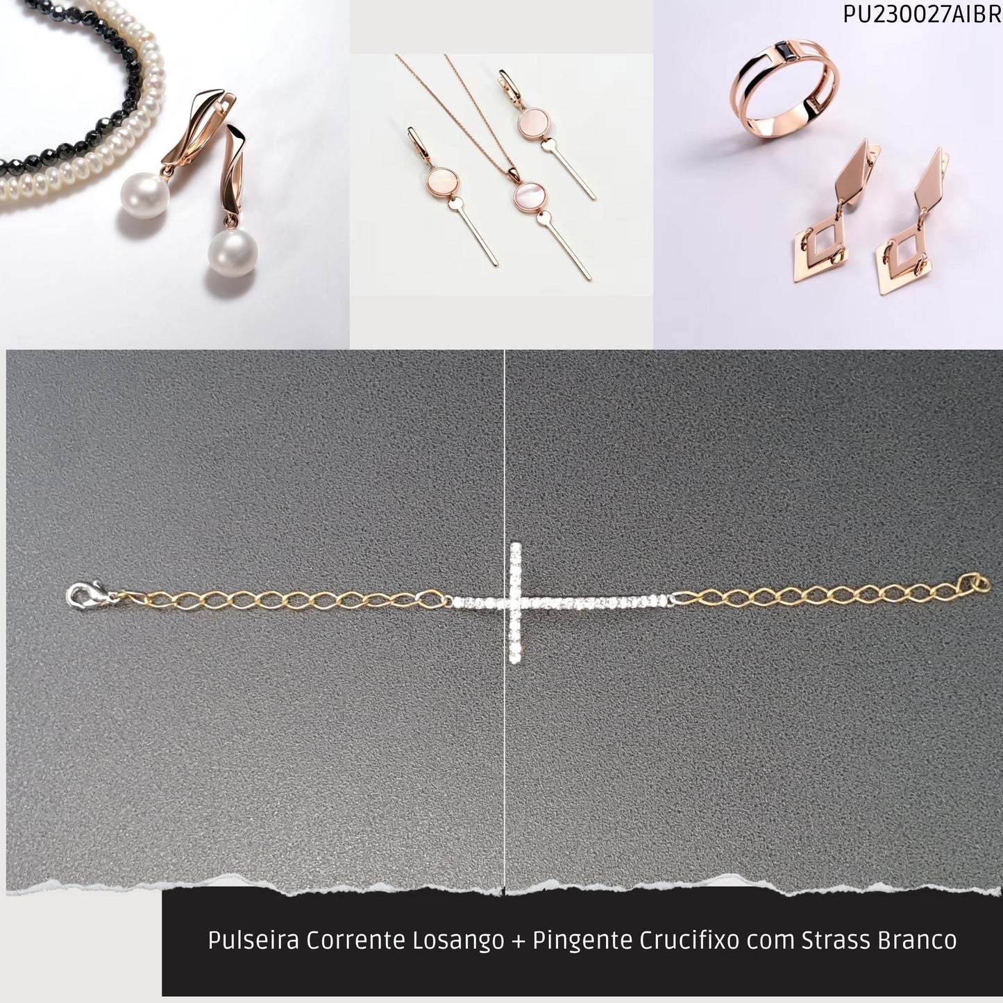 Pulseira Corrente Losango + Pingente Crucifixo com Strass Branco  - Código.: PU230027AIBR  - Peso.: 3.1 gr