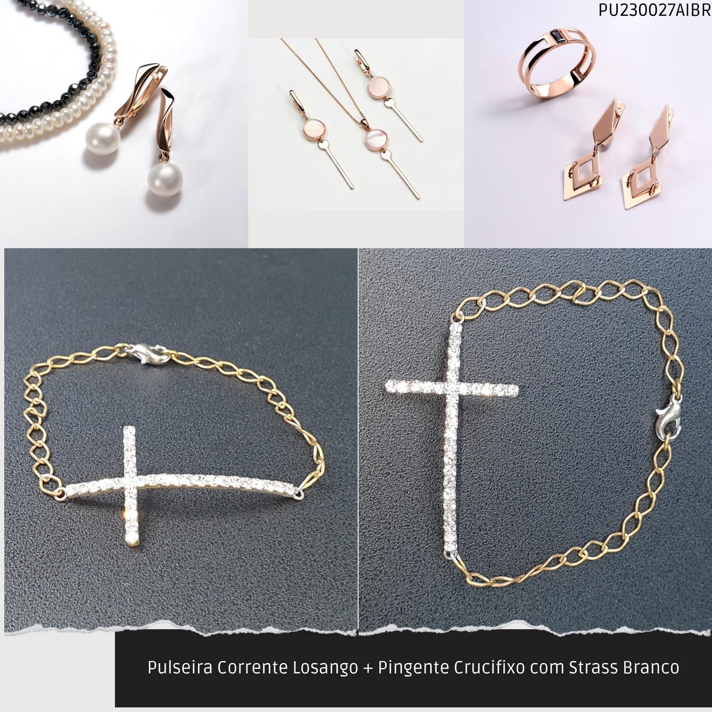Pulseira Corrente Losango + Pingente Crucifixo com Strass Branco  - Código.: PU230027AIBR  - Peso.: 3.1 gr