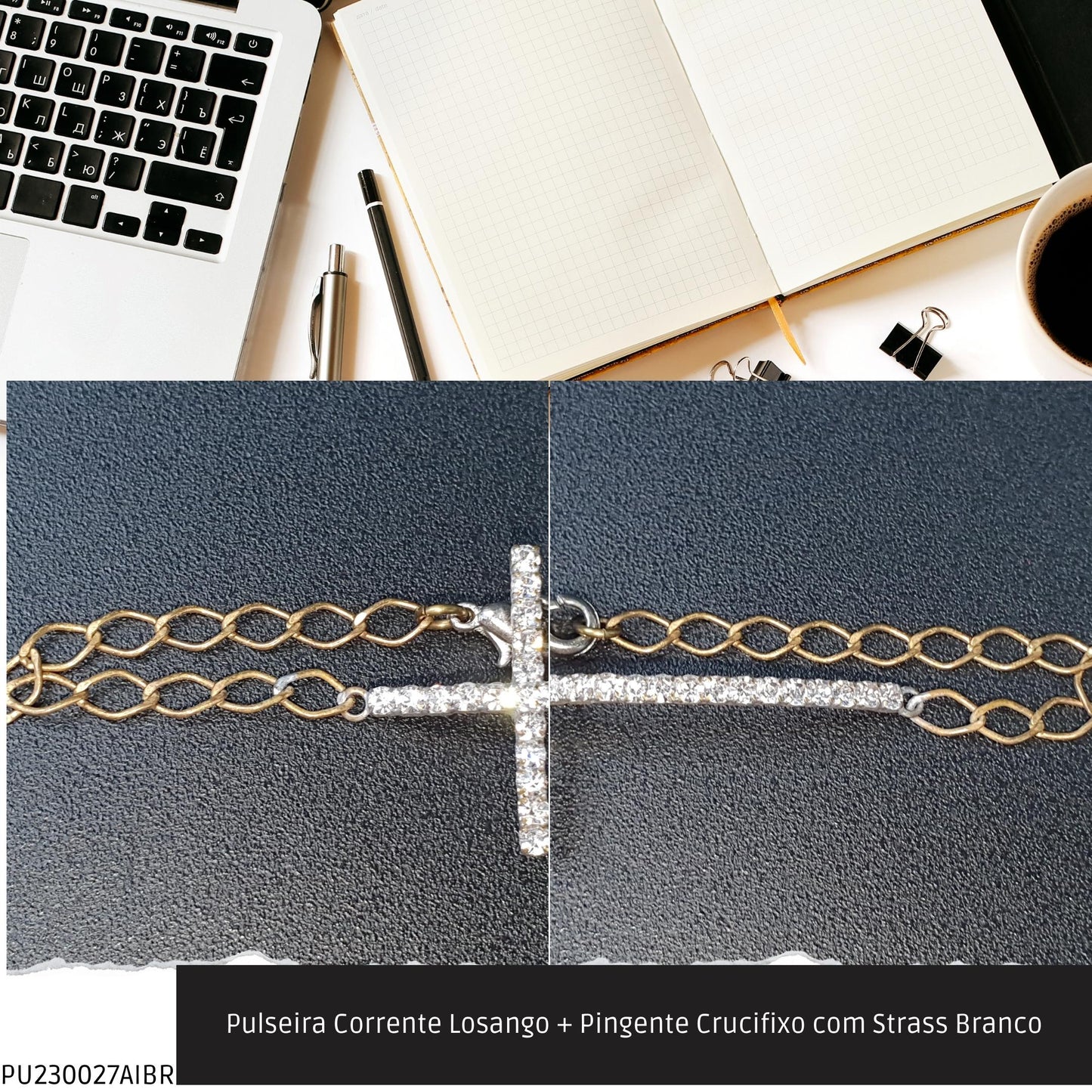 Pulseira Corrente Losango + Pingente Crucifixo com Strass Branco  - Código.: PU230027AIBR  - Peso.: 3.1 gr