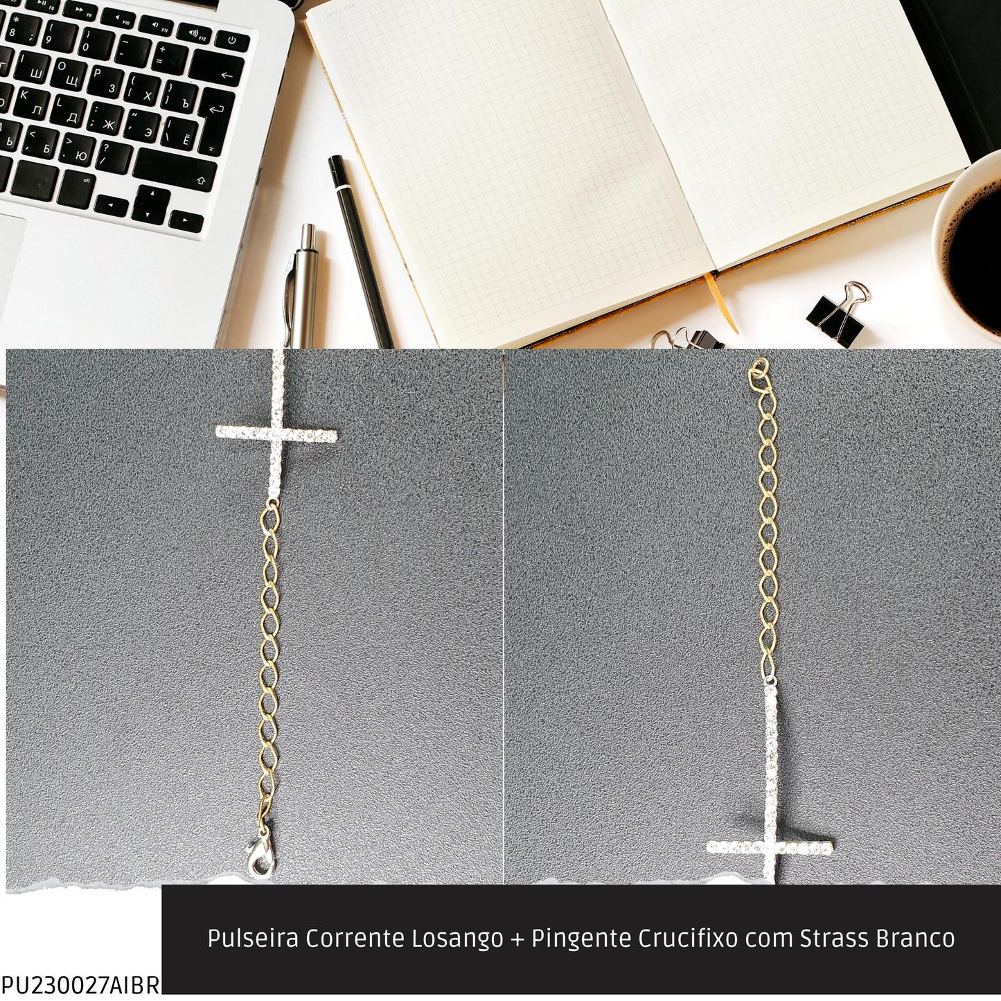 Pulseira Corrente Losango + Pingente Crucifixo com Strass Branco  - Código.: PU230027AIBR  - Peso.: 3.1 gr
