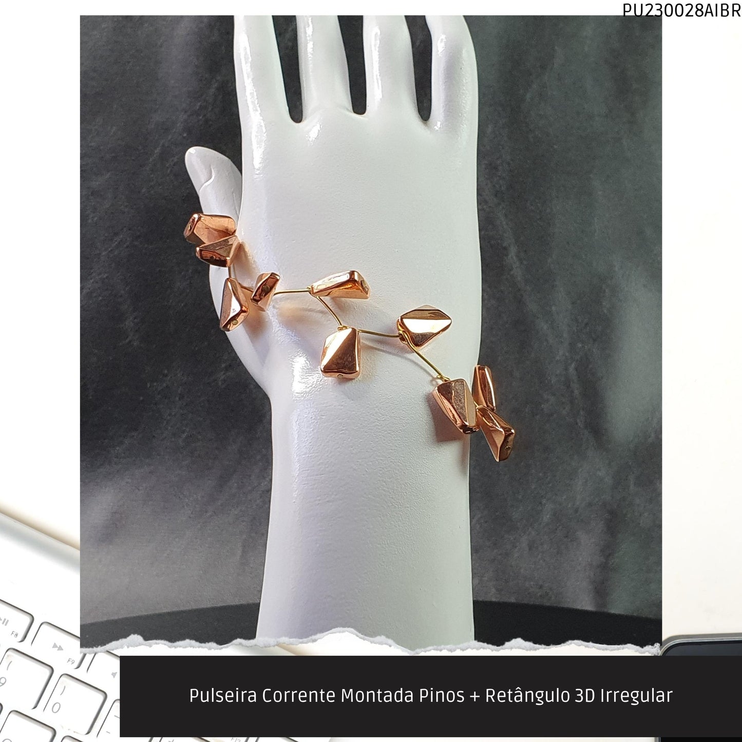 Pulseira Corrente Montada Pinos + Retângulo 3D Irregular  - Código.: PU230028AIBR  - Peso.: 7.5 gr