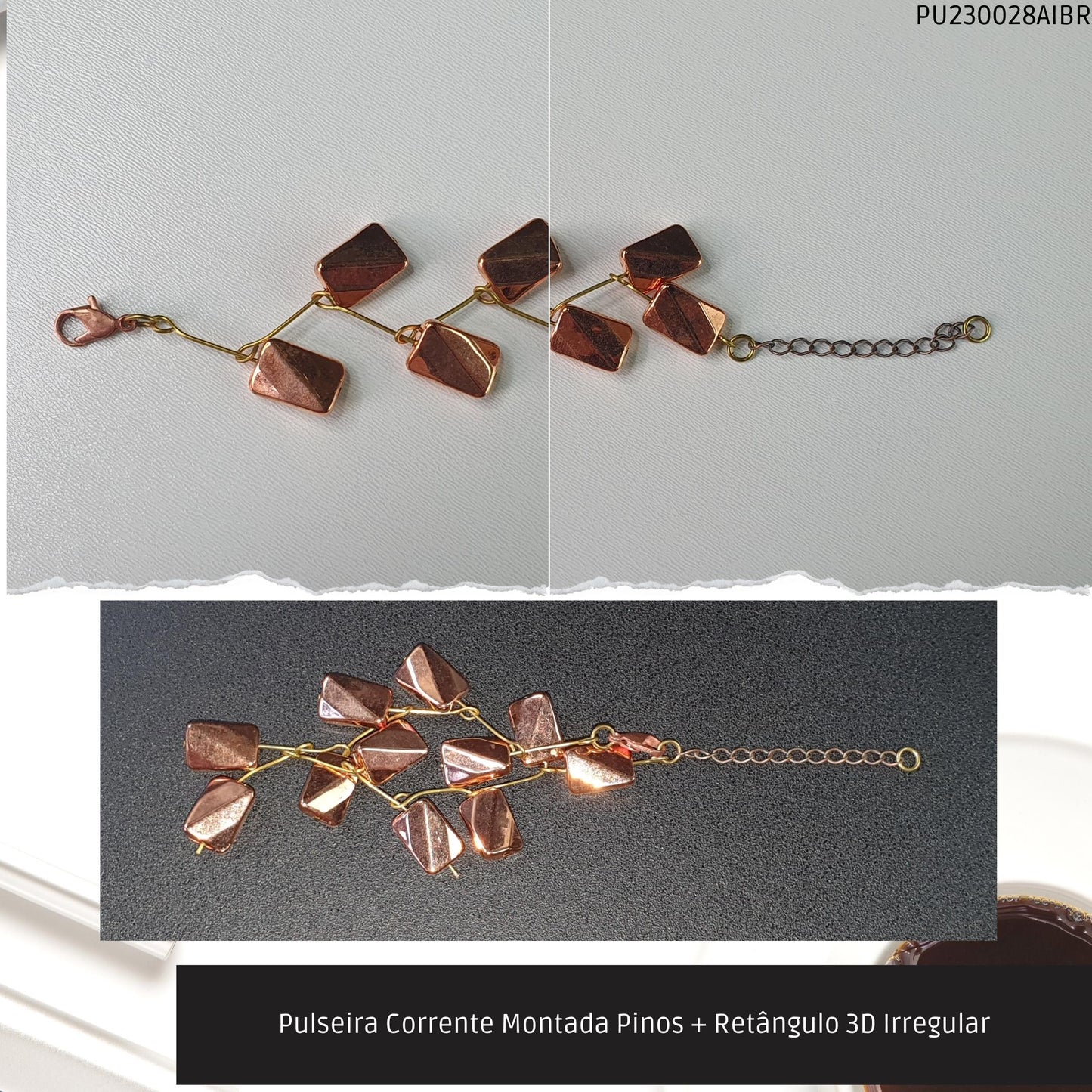 Pulseira Corrente Montada Pinos + Retângulo 3D Irregular  - Código.: PU230028AIBR  - Peso.: 7.5 gr