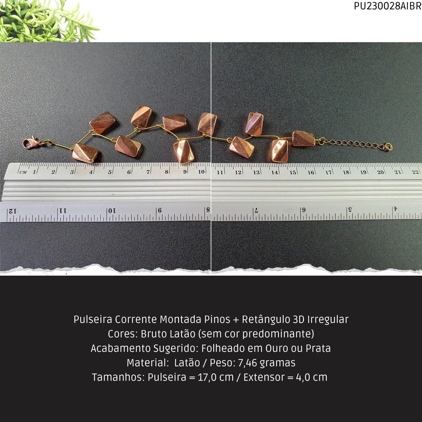 Pulseira Corrente Montada Pinos + Retângulo 3D Irregular  - Código.: PU230028AIBR  - Peso.: 7.5 gr