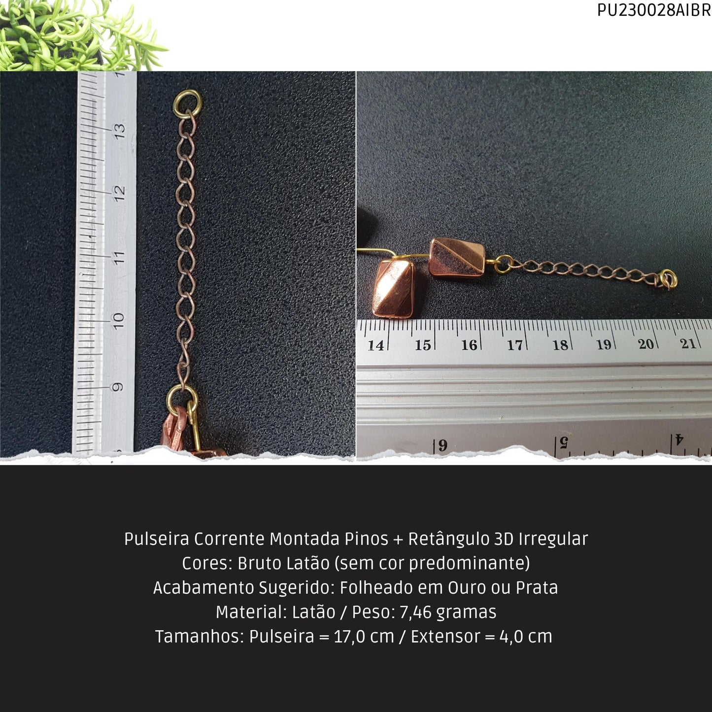 Pulseira Corrente Montada Pinos + Retângulo 3D Irregular  - Código.: PU230028AIBR  - Peso.: 7.5 gr