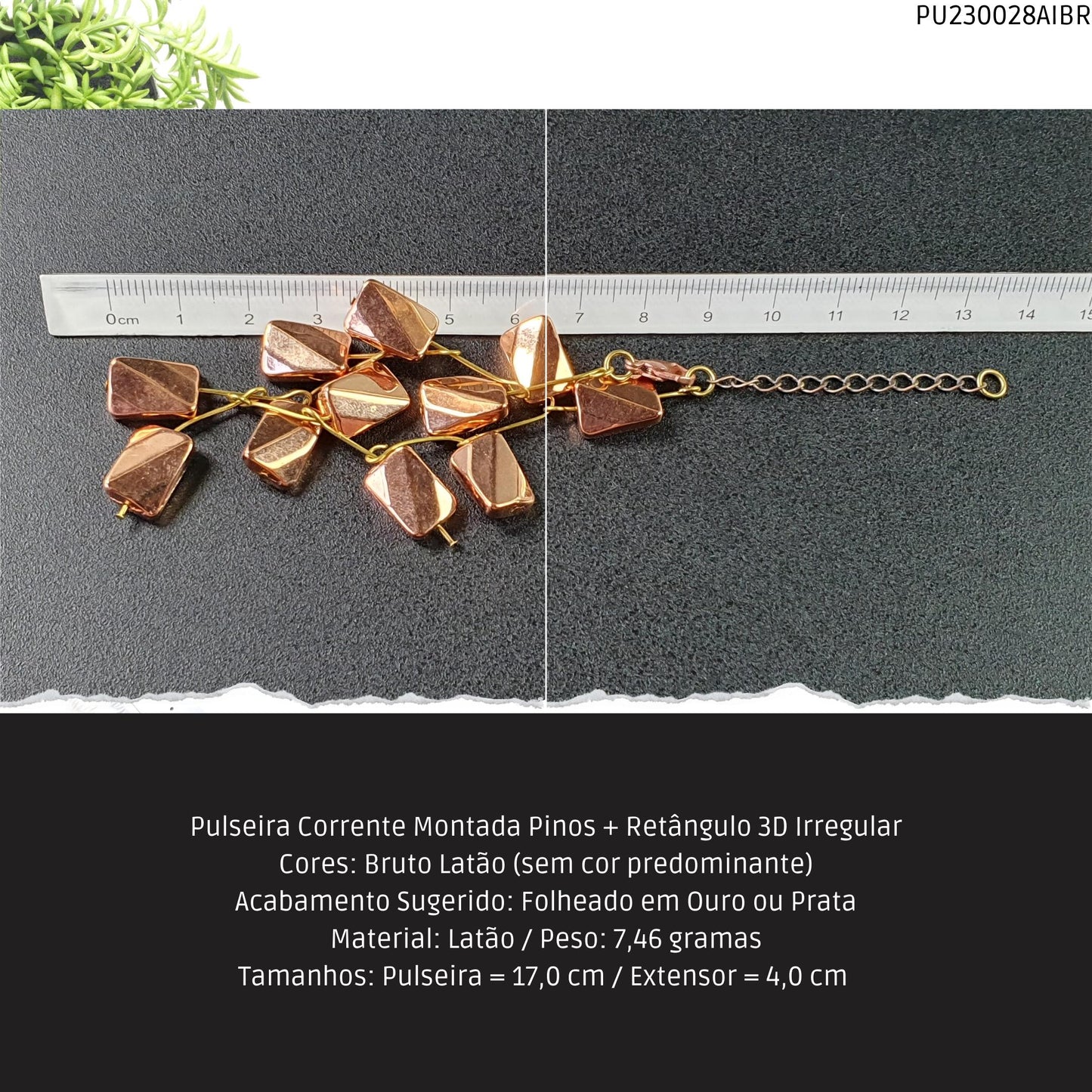 Pulseira Corrente Montada Pinos + Retângulo 3D Irregular  - Código.: PU230028AIBR  - Peso.: 7.5 gr