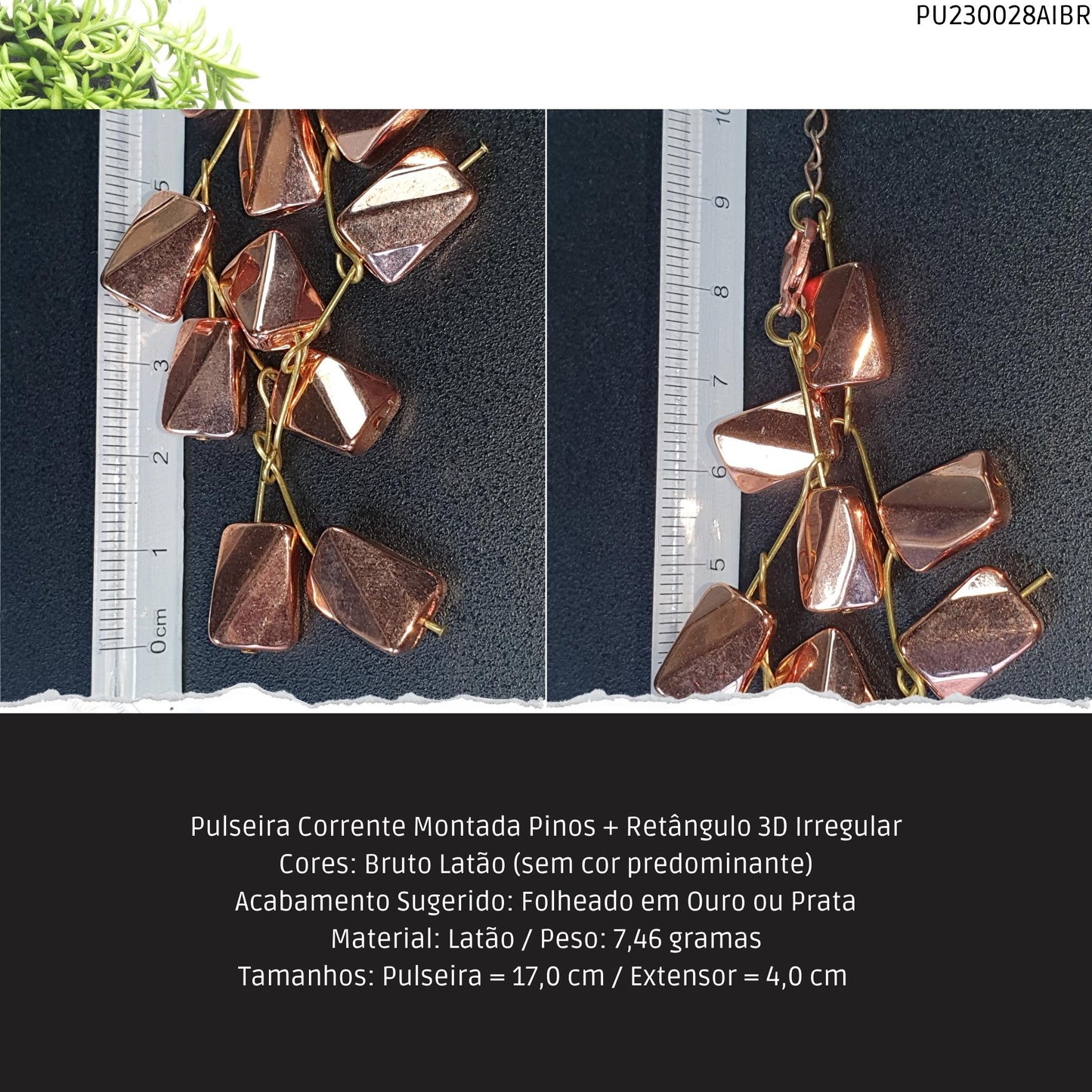 Pulseira Corrente Montada Pinos + Retângulo 3D Irregular  - Código.: PU230028AIBR  - Peso.: 7.5 gr