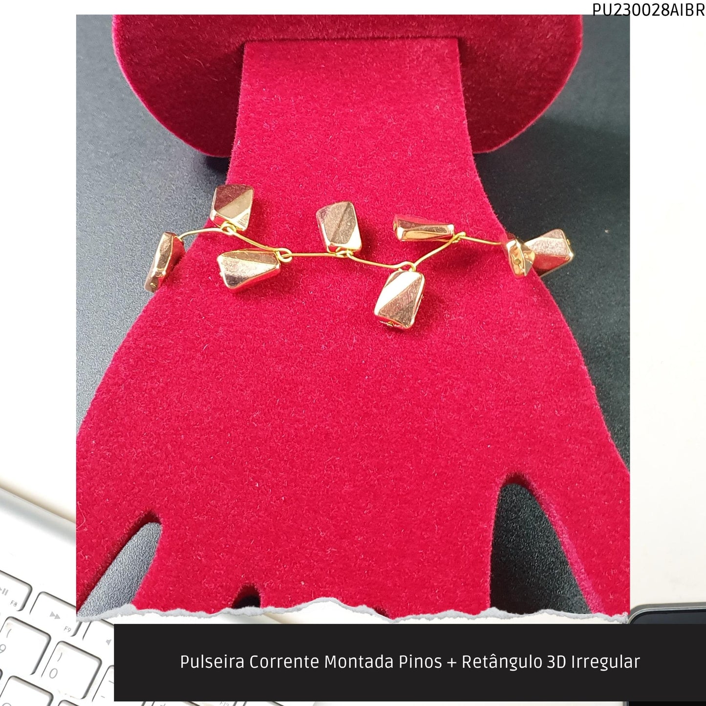 Pulseira Corrente Montada Pinos + Retângulo 3D Irregular  - Código.: PU230028AIBR  - Peso.: 7.5 gr