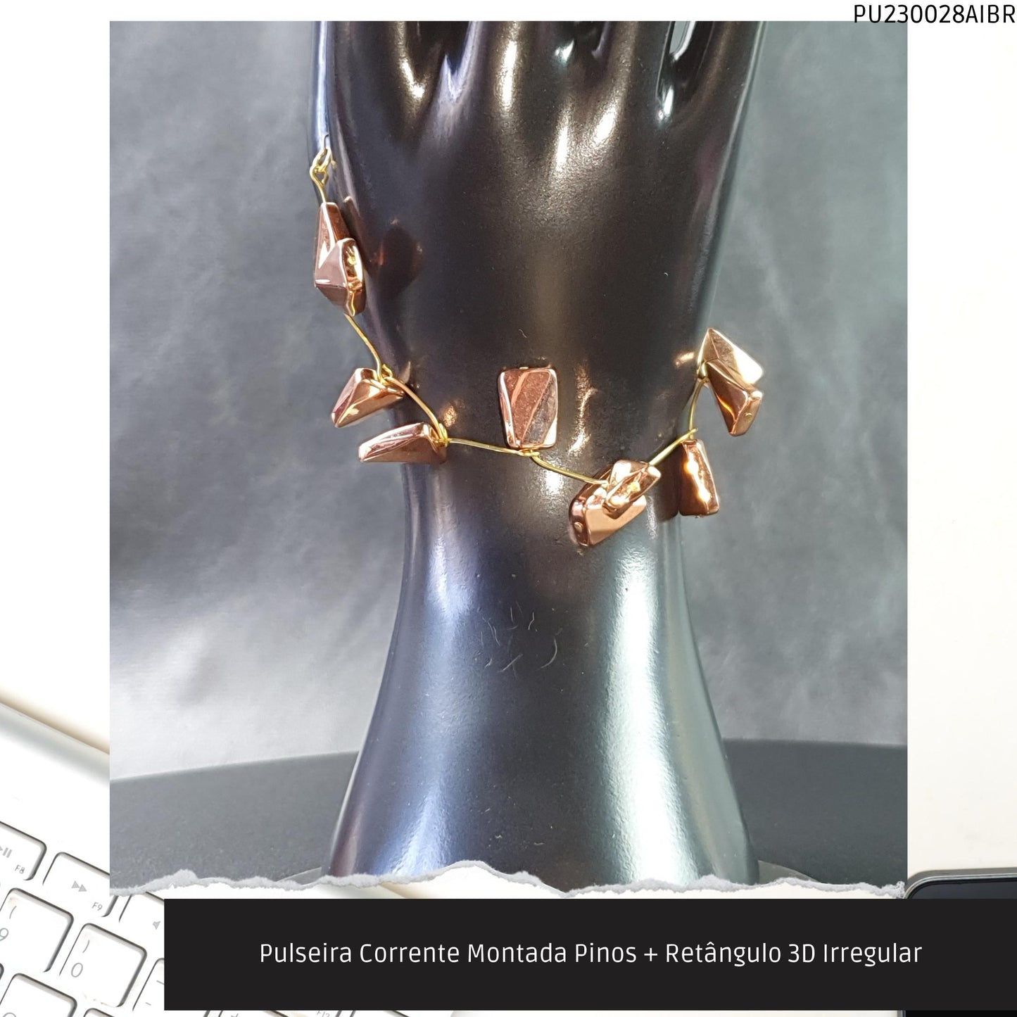 Pulseira Corrente Montada Pinos + Retângulo 3D Irregular  - Código.: PU230028AIBR  - Peso.: 7.5 gr