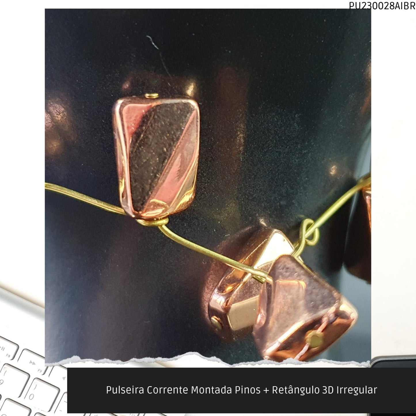 Pulseira Corrente Montada Pinos + Retângulo 3D Irregular  - Código.: PU230028AIBR  - Peso.: 7.5 gr