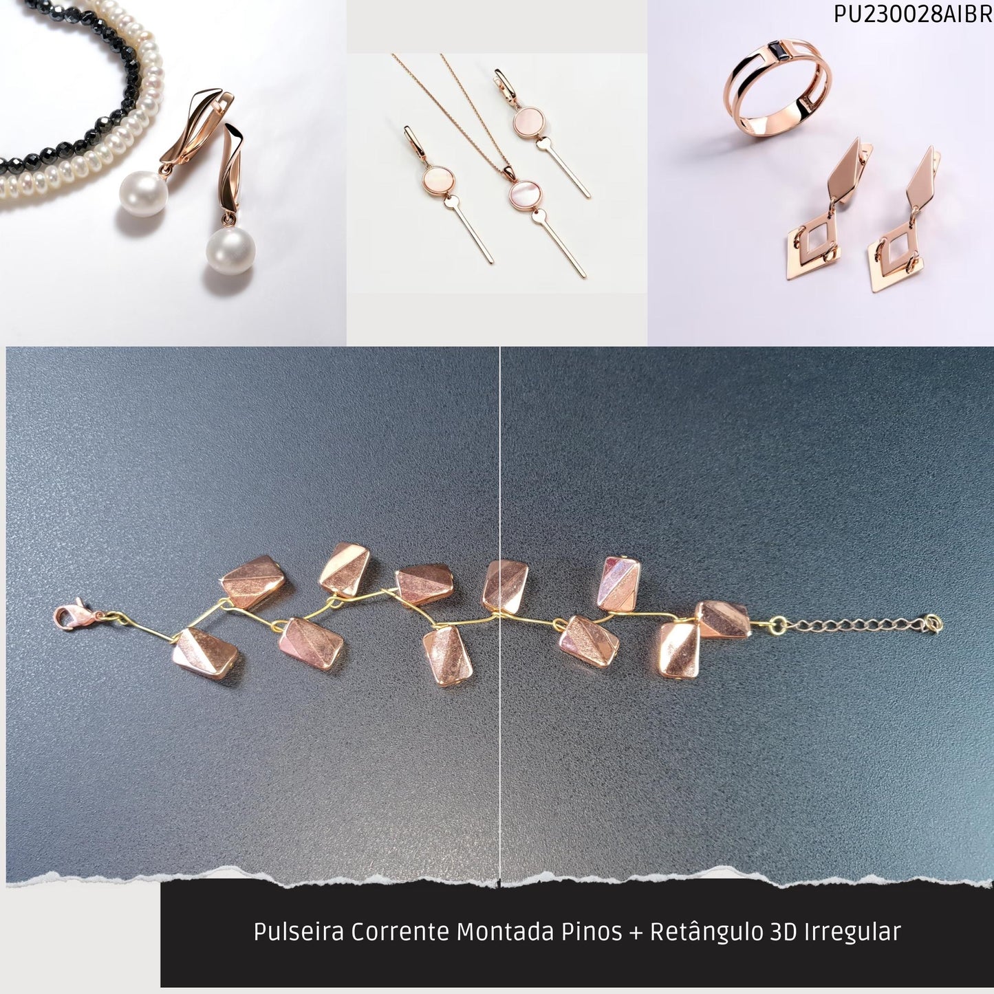 Pulseira Corrente Montada Pinos + Retângulo 3D Irregular  - Código.: PU230028AIBR  - Peso.: 7.5 gr
