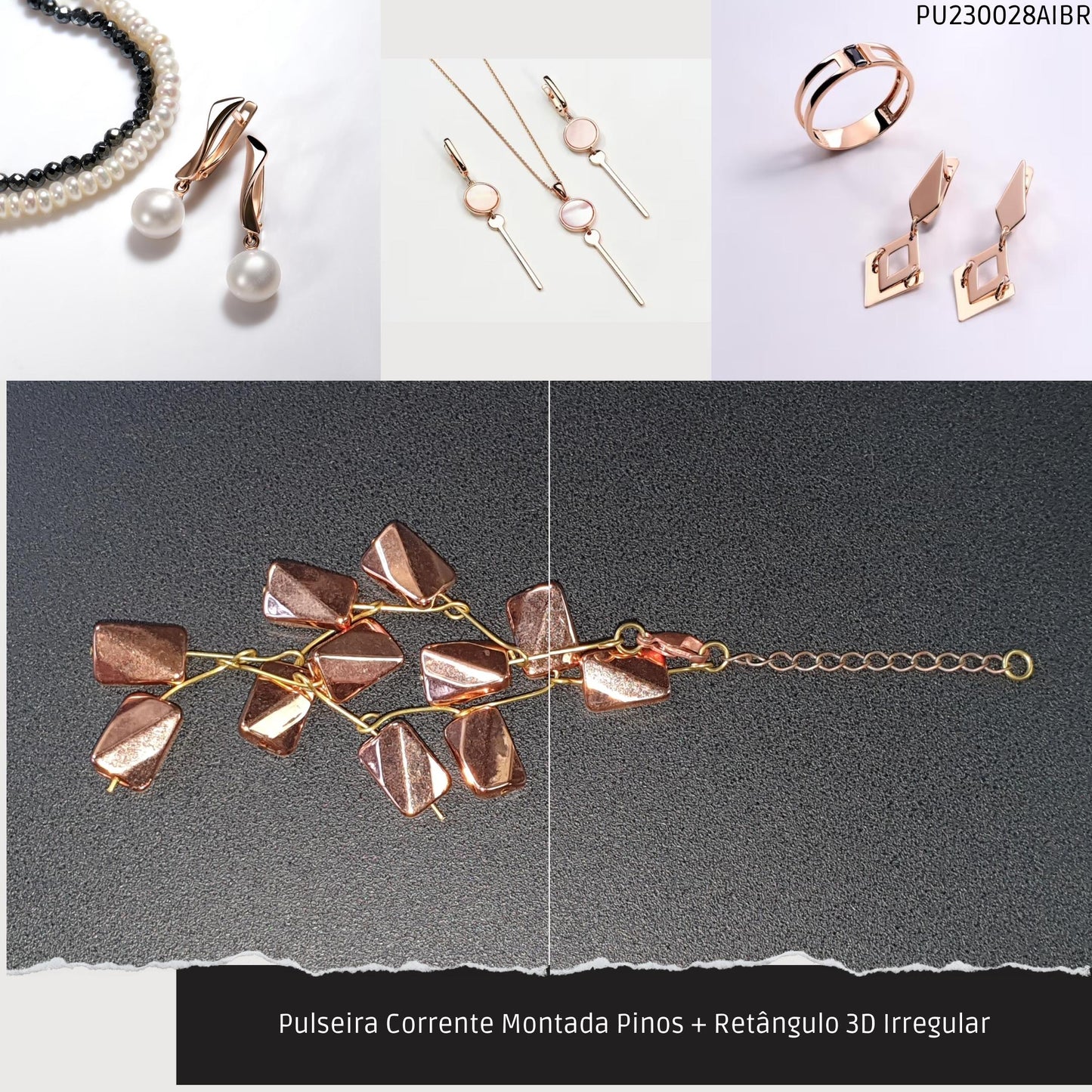 Pulseira Corrente Montada Pinos + Retângulo 3D Irregular  - Código.: PU230028AIBR  - Peso.: 7.5 gr