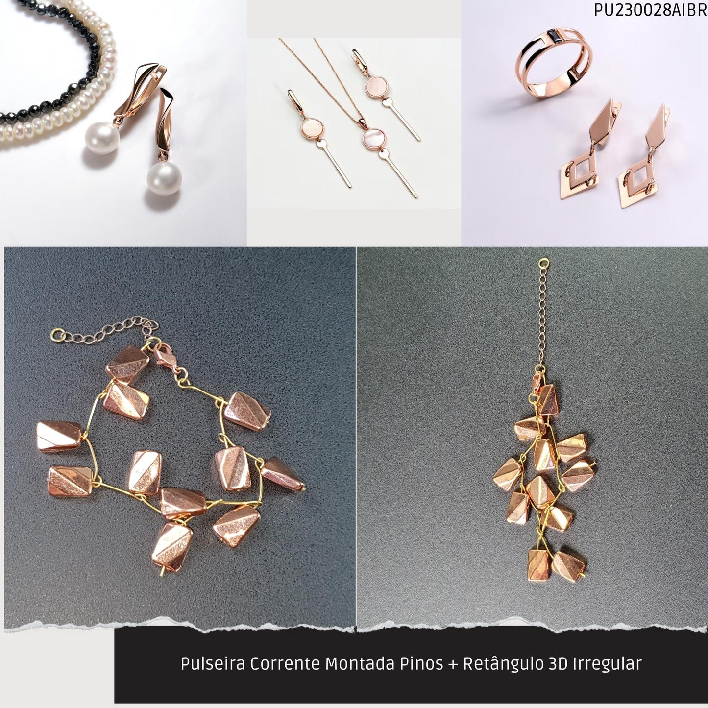 Pulseira Corrente Montada Pinos + Retângulo 3D Irregular  - Código.: PU230028AIBR  - Peso.: 7.5 gr
