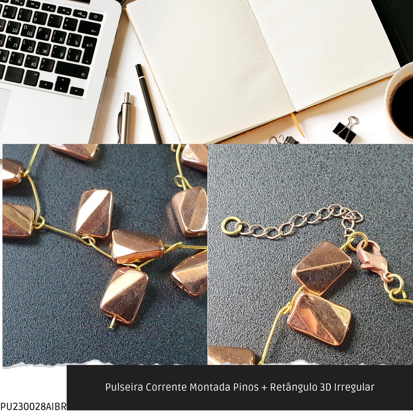 Pulseira Corrente Montada Pinos + Retângulo 3D Irregular  - Código.: PU230028AIBR  - Peso.: 7.5 gr