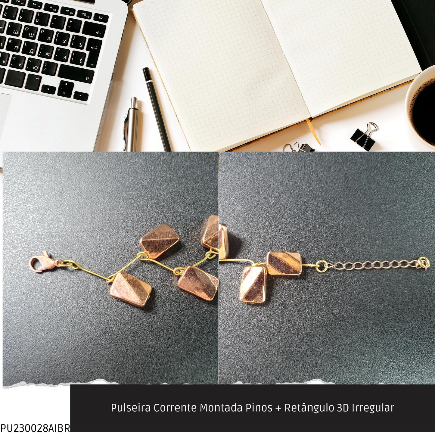 Pulseira Corrente Montada Pinos + Retângulo 3D Irregular  - Código.: PU230028AIBR  - Peso.: 7.5 gr