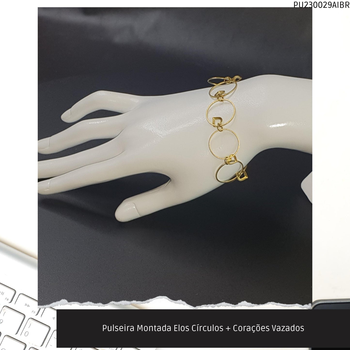 Pulseira Montada Elos Círculos + Corações Vazados  - Código.: PU230029AIBR  - Peso.: 3.8 gr