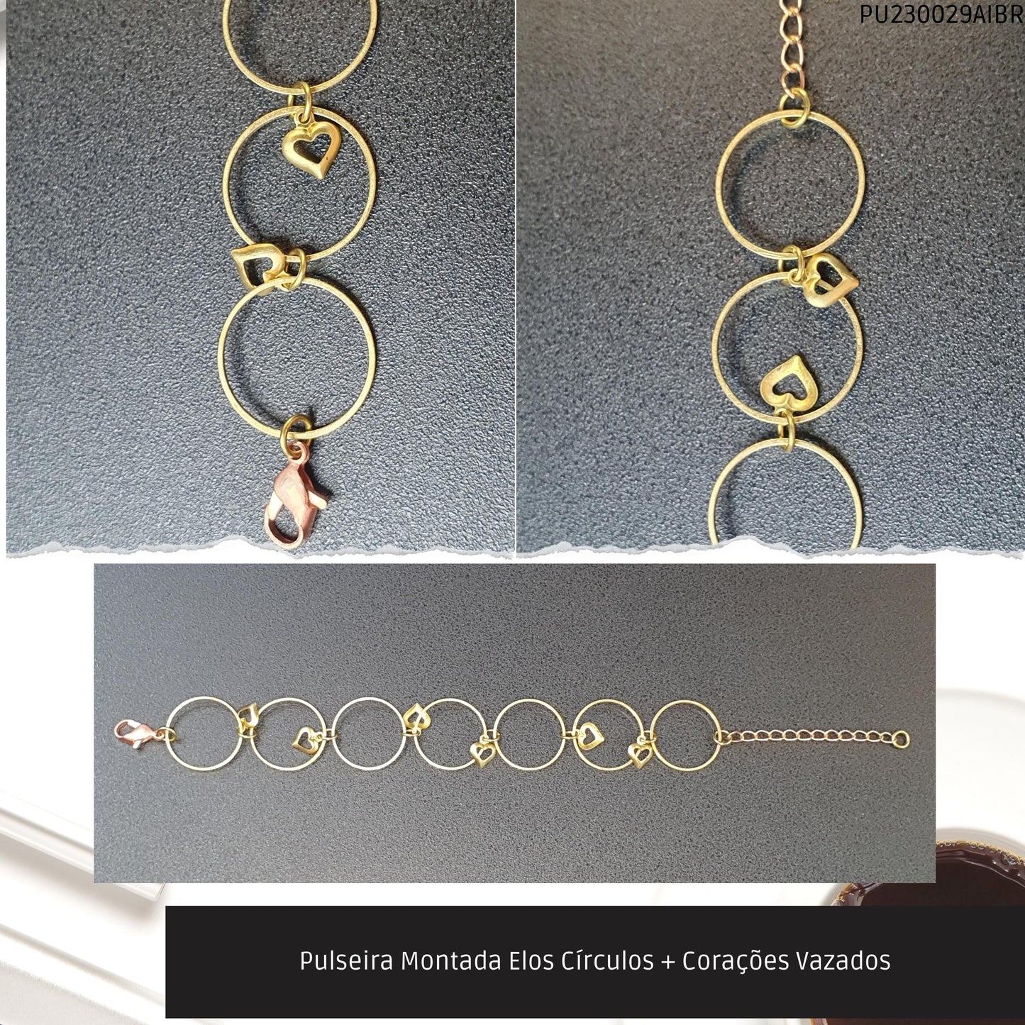 Pulseira Montada Elos Círculos + Corações Vazados  - Código.: PU230029AIBR  - Peso.: 3.8 gr