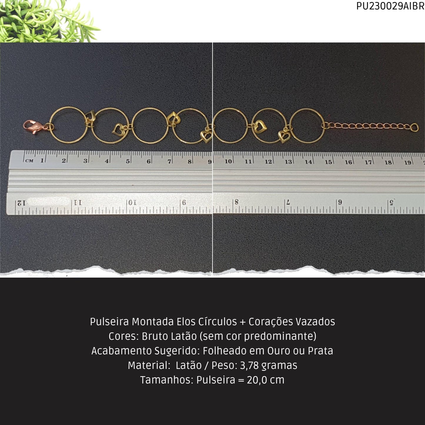Pulseira Montada Elos Círculos + Corações Vazados  - Código.: PU230029AIBR  - Peso.: 3.8 gr
