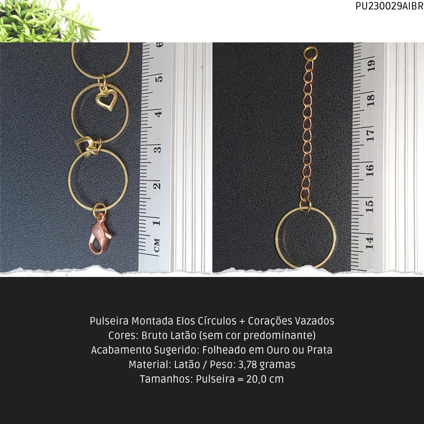 Pulseira Montada Elos Círculos + Corações Vazados  - Código.: PU230029AIBR  - Peso.: 3.8 gr
