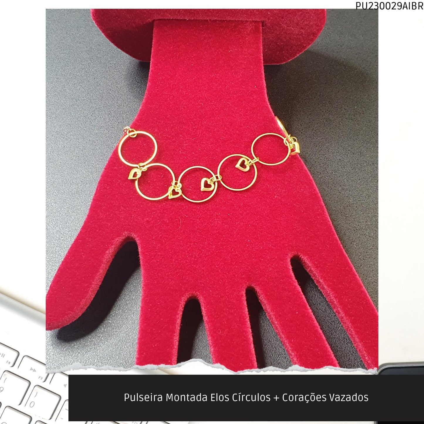 Pulseira Montada Elos Círculos + Corações Vazados  - Código.: PU230029AIBR  - Peso.: 3.8 gr