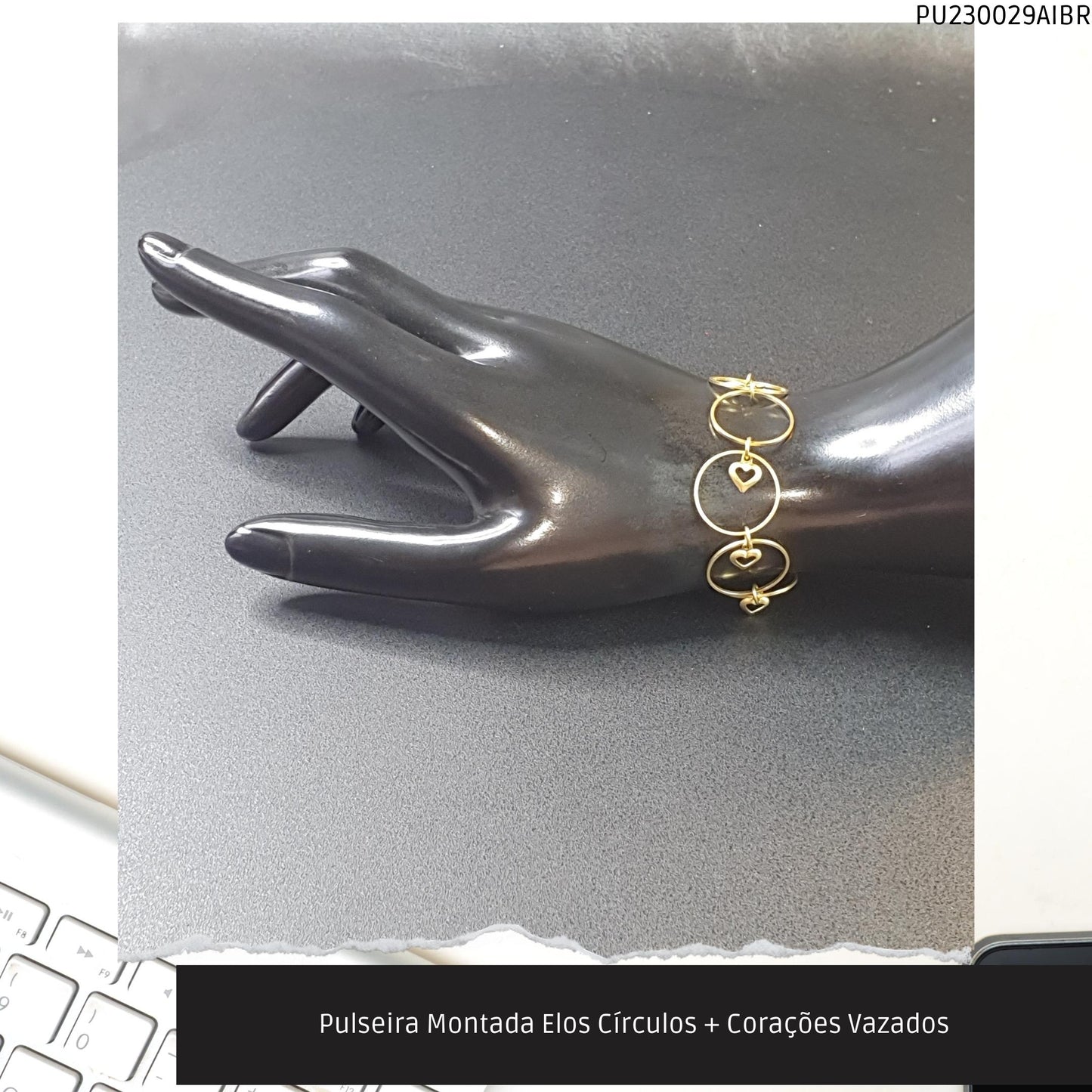 Pulseira Montada Elos Círculos + Corações Vazados  - Código.: PU230029AIBR  - Peso.: 3.8 gr