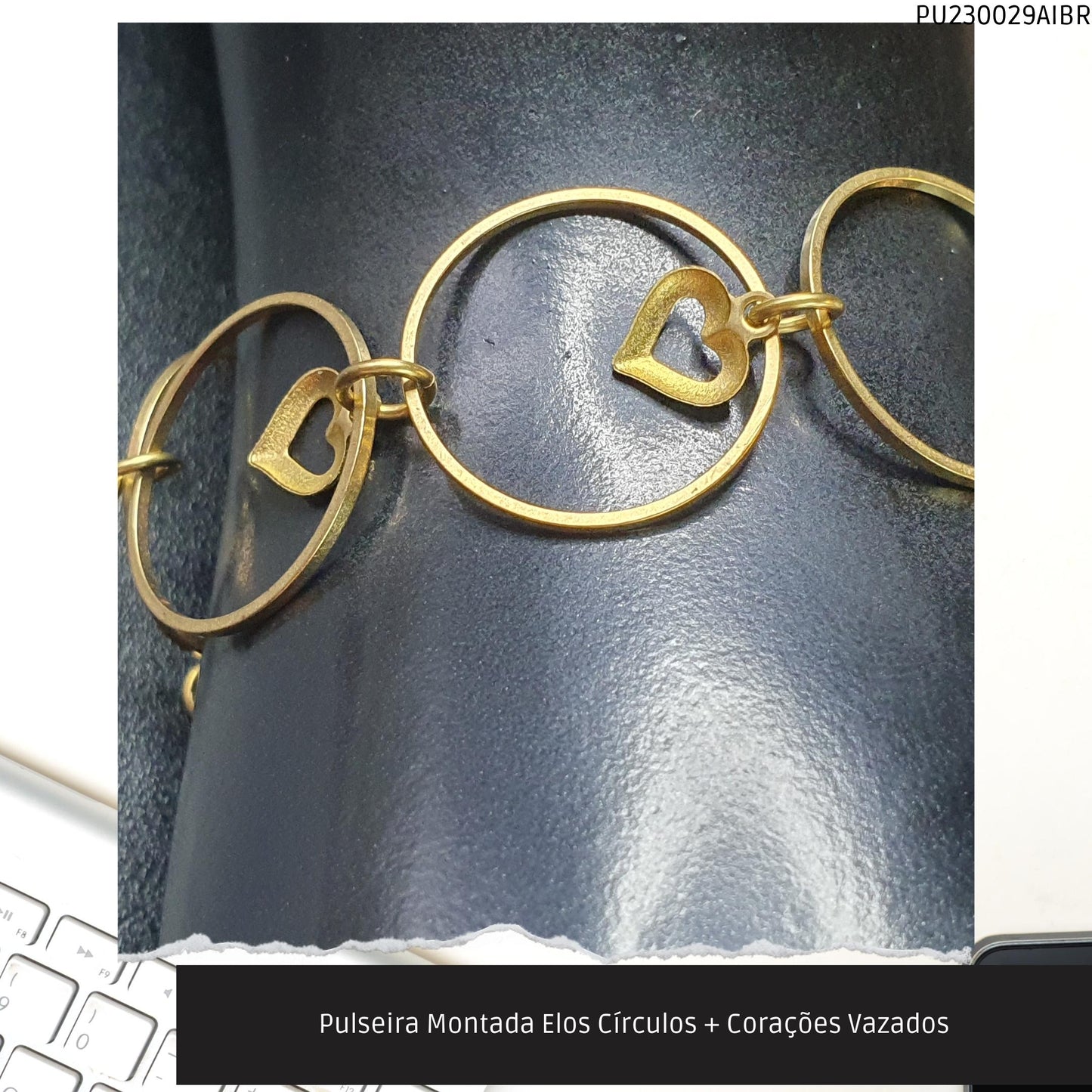 Pulseira Montada Elos Círculos + Corações Vazados  - Código.: PU230029AIBR  - Peso.: 3.8 gr