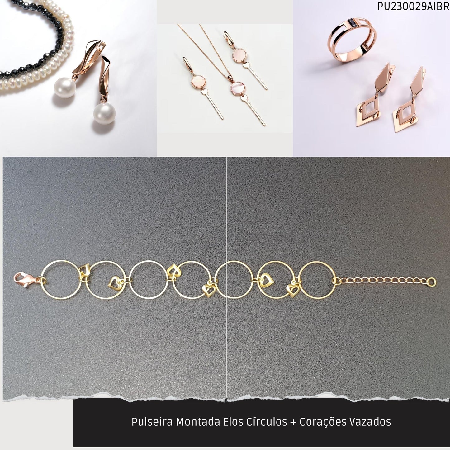 Pulseira Montada Elos Círculos + Corações Vazados  - Código.: PU230029AIBR  - Peso.: 3.8 gr