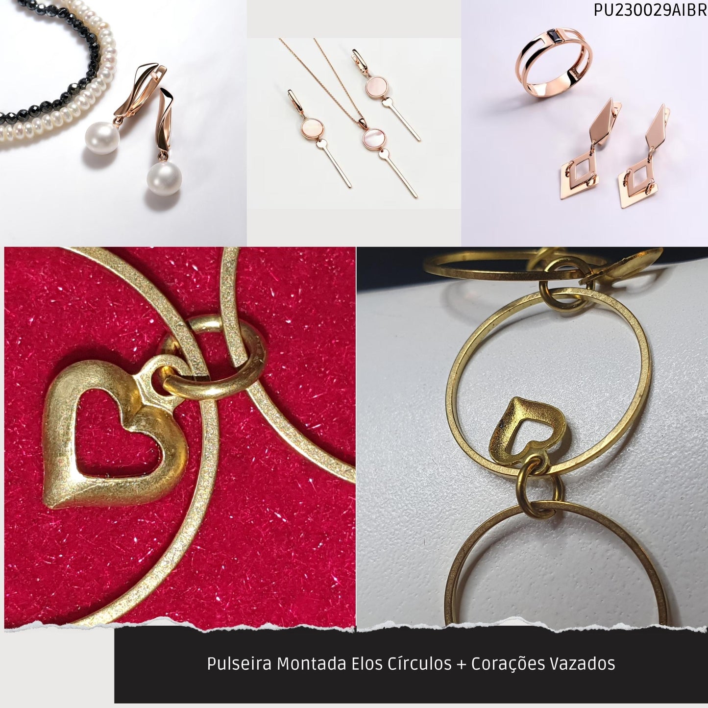 Pulseira Montada Elos Círculos + Corações Vazados  - Código.: PU230029AIBR  - Peso.: 3.8 gr