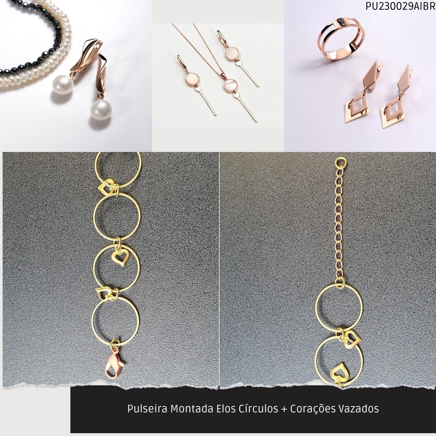Pulseira Montada Elos Círculos + Corações Vazados  - Código.: PU230029AIBR  - Peso.: 3.8 gr