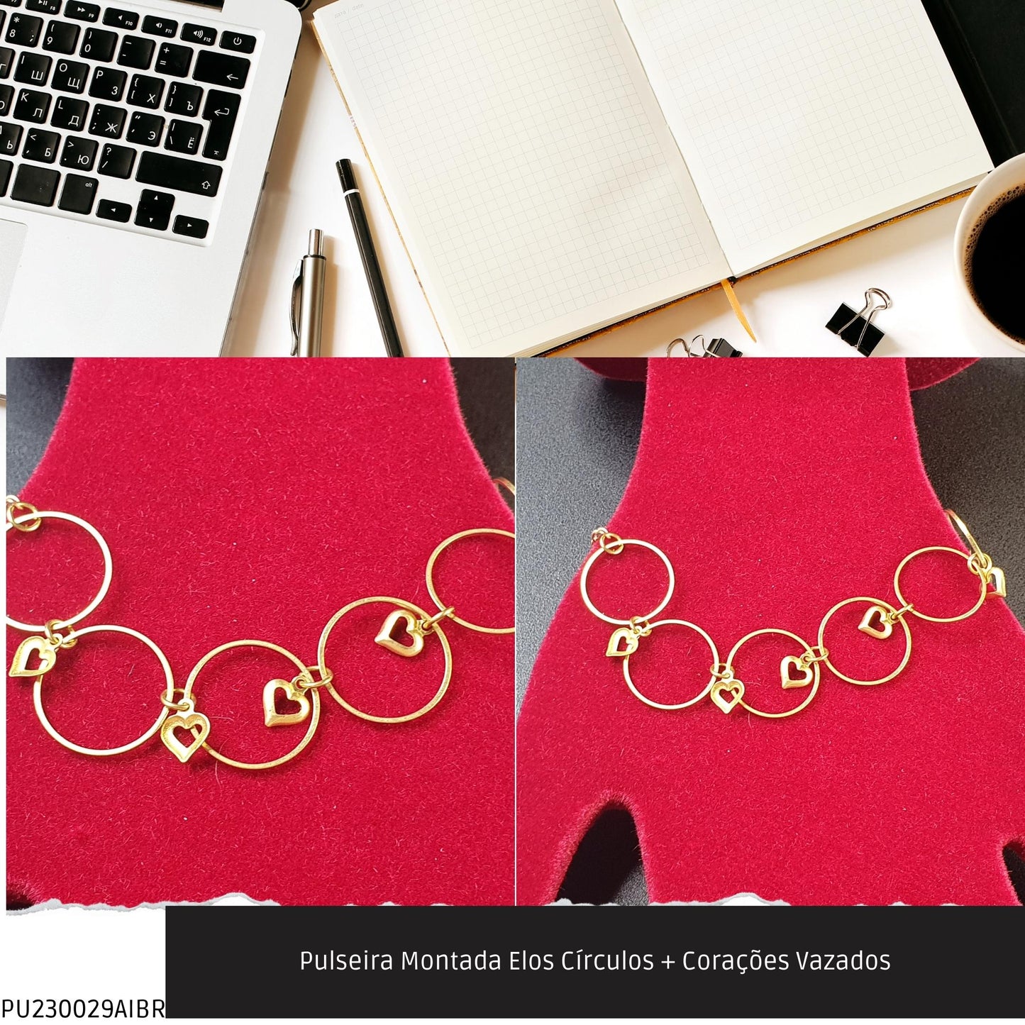Pulseira Montada Elos Círculos + Corações Vazados  - Código.: PU230029AIBR  - Peso.: 3.8 gr