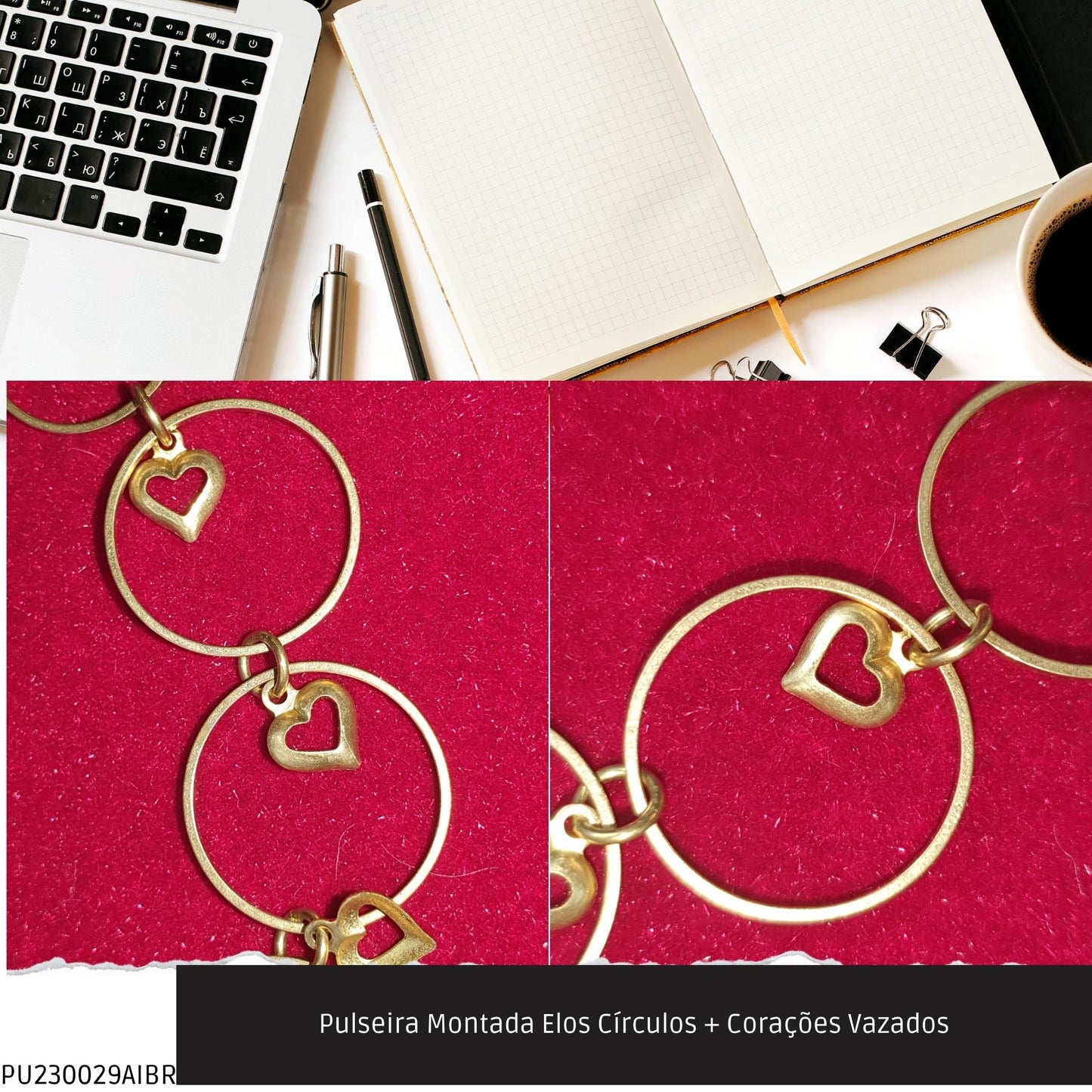 Pulseira Montada Elos Círculos + Corações Vazados  - Código.: PU230029AIBR  - Peso.: 3.8 gr
