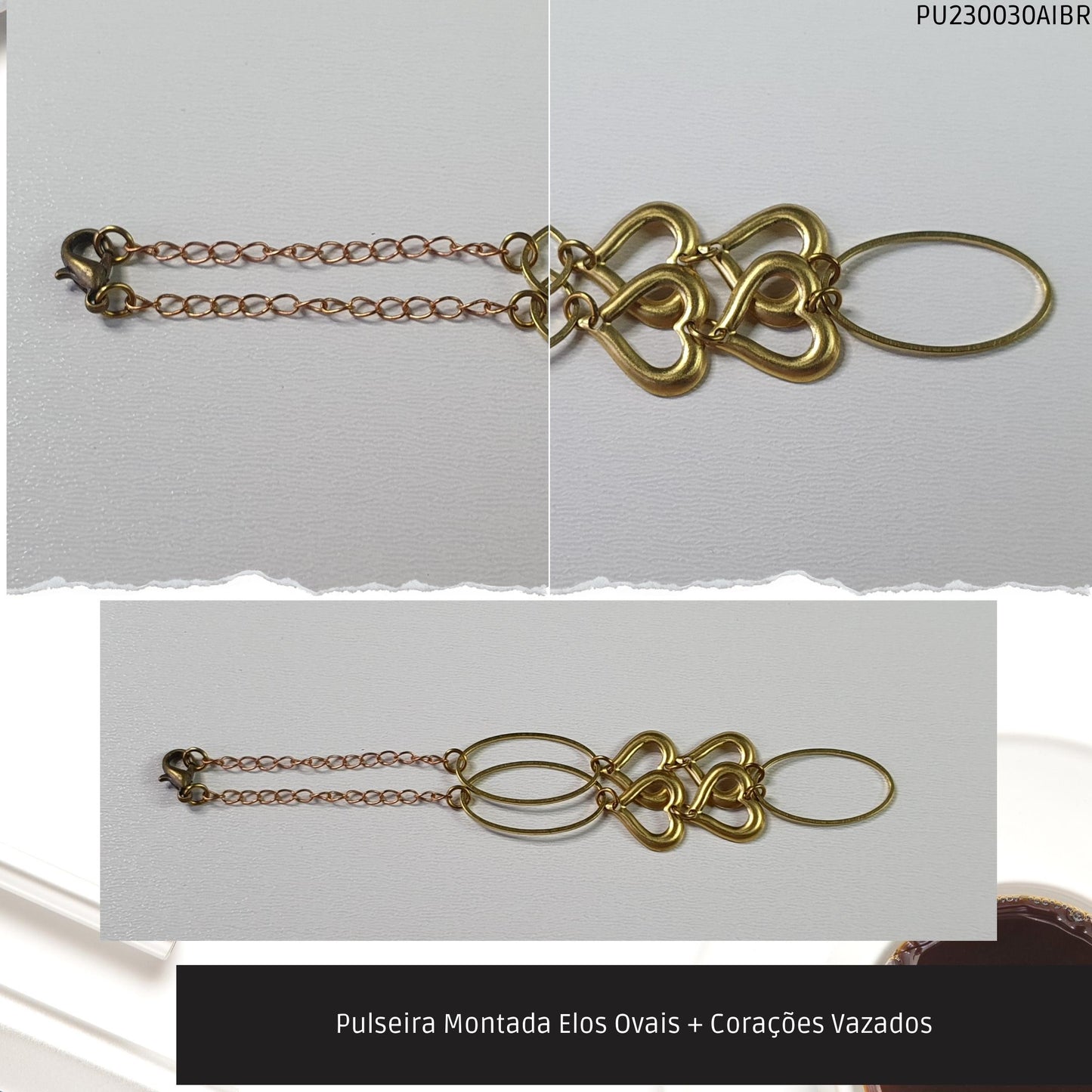 Pulseira Montada Elos Ovais + Corações Vazados  - Código.: PU230030AIBR  - Peso.: 3.1 gr