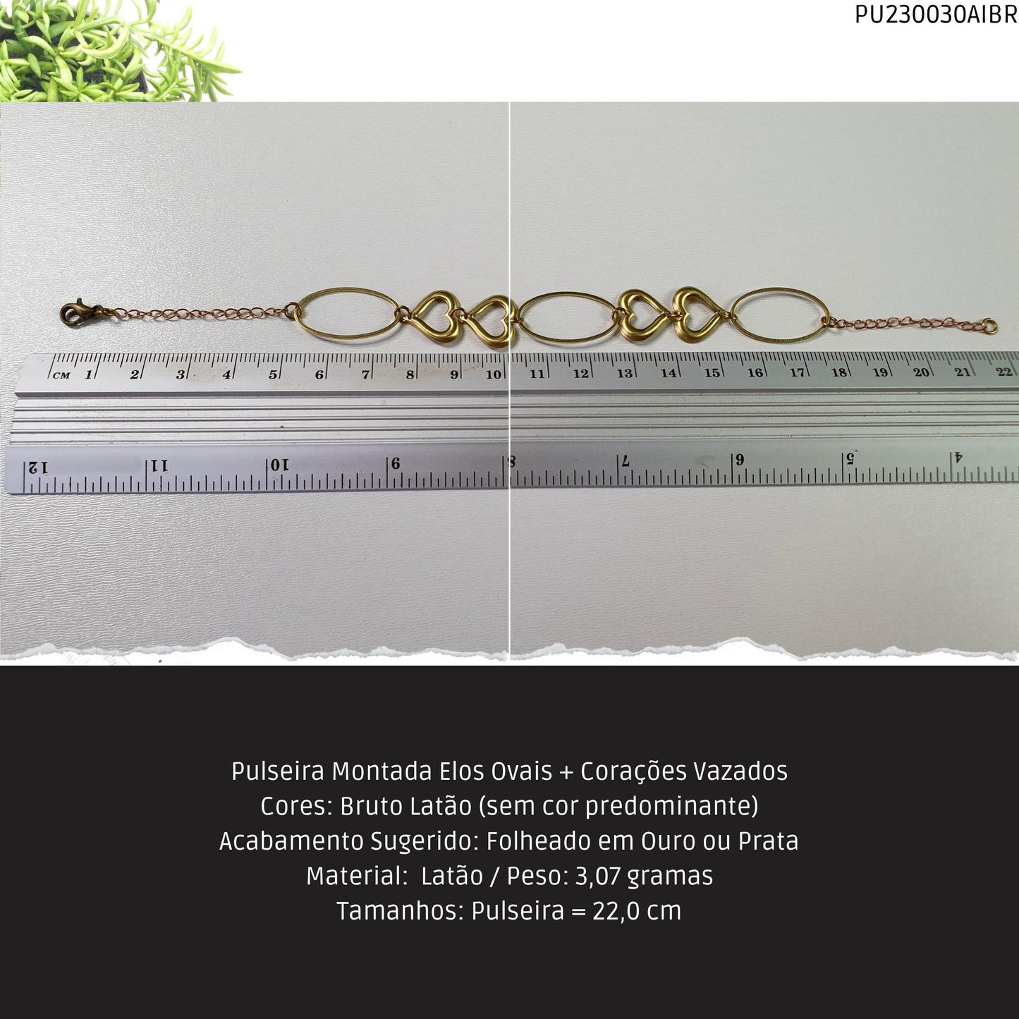 Pulseira Montada Elos Ovais + Corações Vazados  - Código.: PU230030AIBR  - Peso.: 3.1 gr