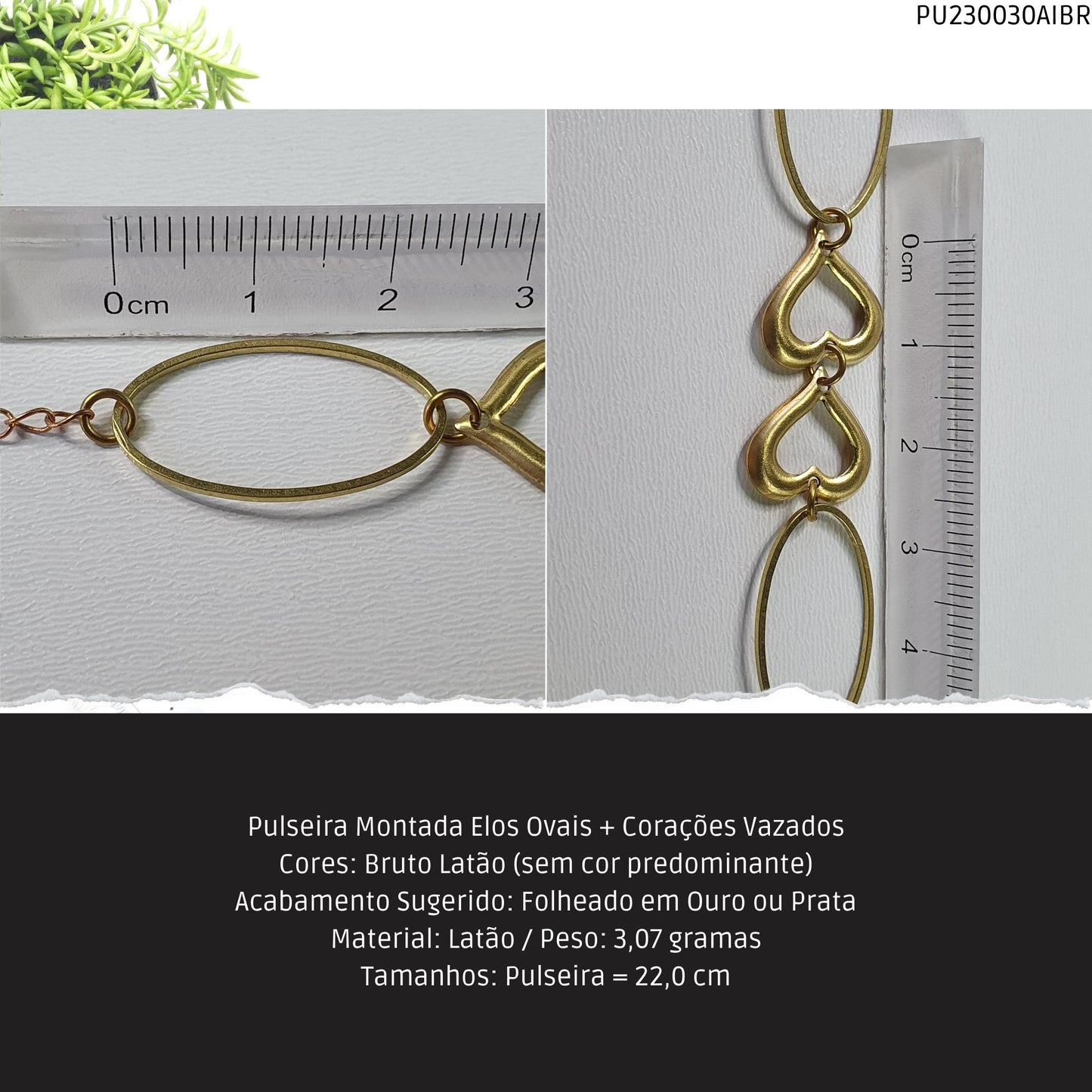 Pulseira Montada Elos Ovais + Corações Vazados  - Código.: PU230030AIBR  - Peso.: 3.1 gr