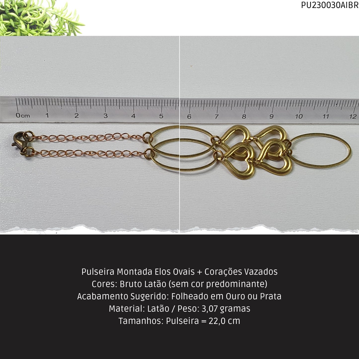Pulseira Montada Elos Ovais + Corações Vazados  - Código.: PU230030AIBR  - Peso.: 3.1 gr