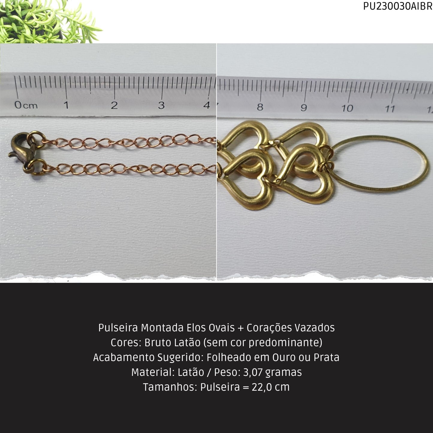 Pulseira Montada Elos Ovais + Corações Vazados  - Código.: PU230030AIBR  - Peso.: 3.1 gr