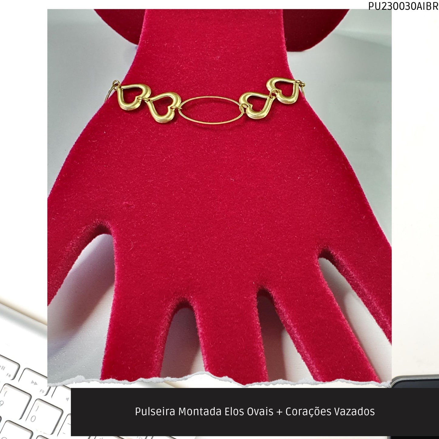 Pulseira Montada Elos Ovais + Corações Vazados  - Código.: PU230030AIBR  - Peso.: 3.1 gr