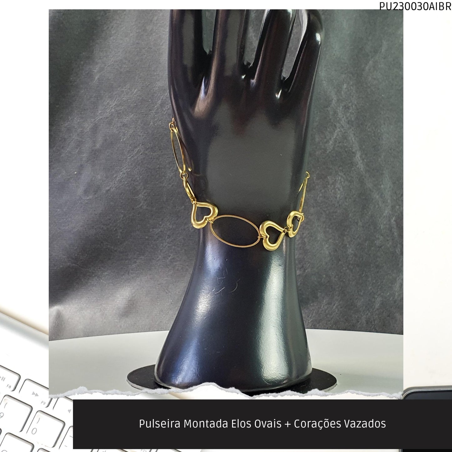Pulseira Montada Elos Ovais + Corações Vazados  - Código.: PU230030AIBR  - Peso.: 3.1 gr