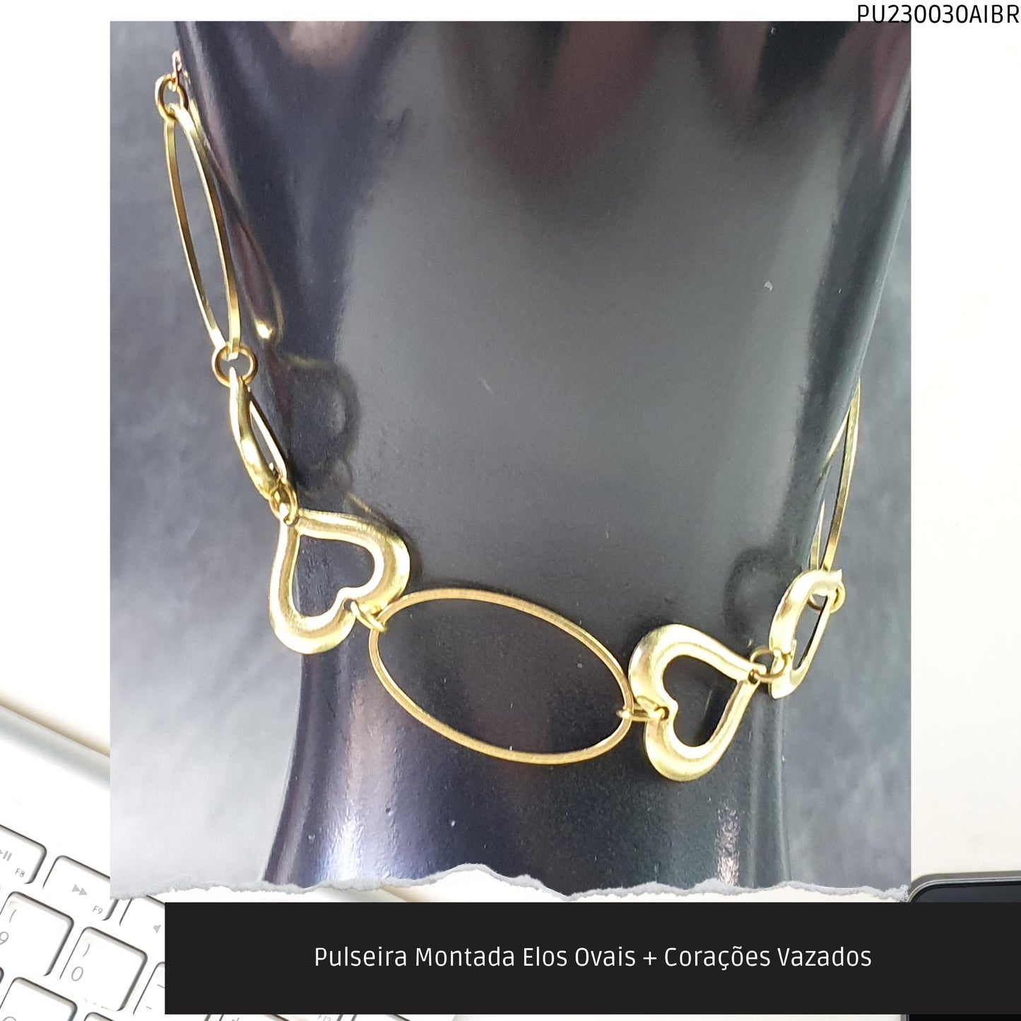 Pulseira Montada Elos Ovais + Corações Vazados  - Código.: PU230030AIBR  - Peso.: 3.1 gr