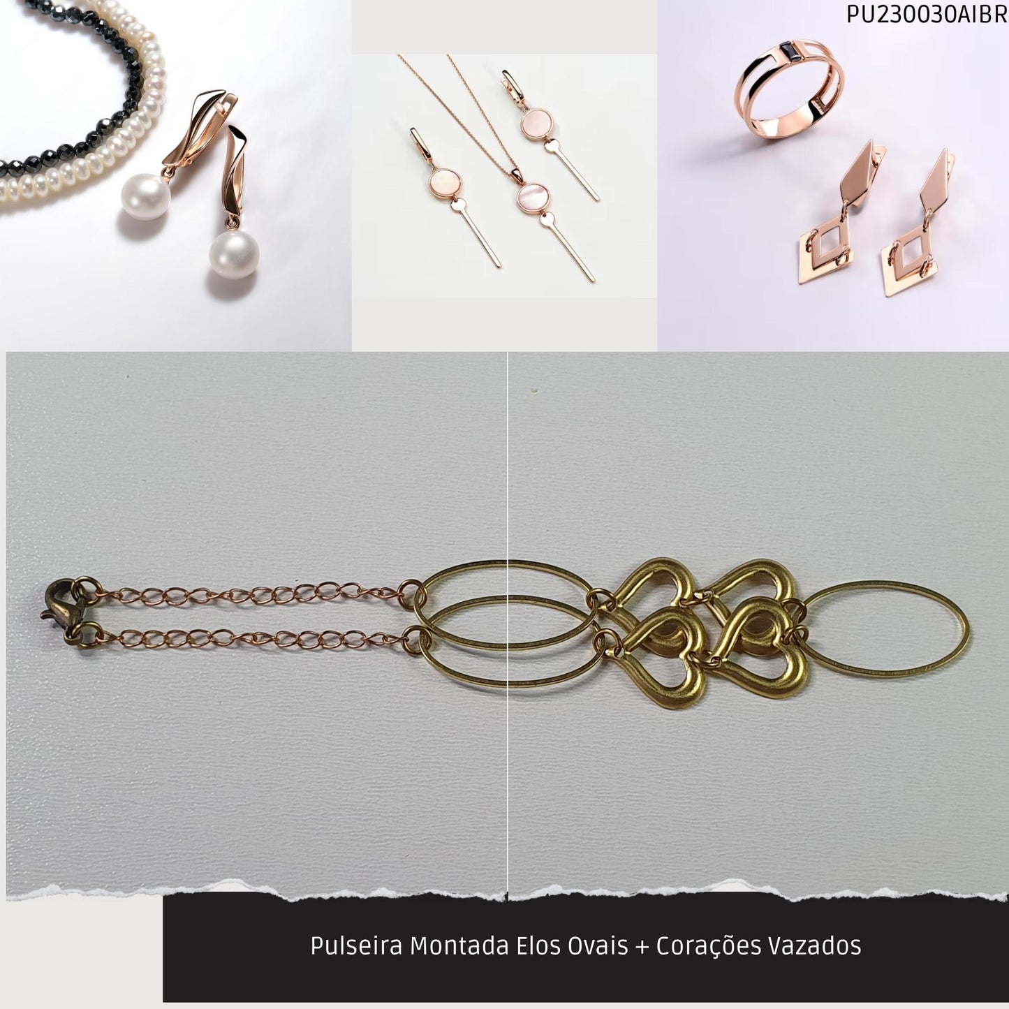Pulseira Montada Elos Ovais + Corações Vazados  - Código.: PU230030AIBR  - Peso.: 3.1 gr