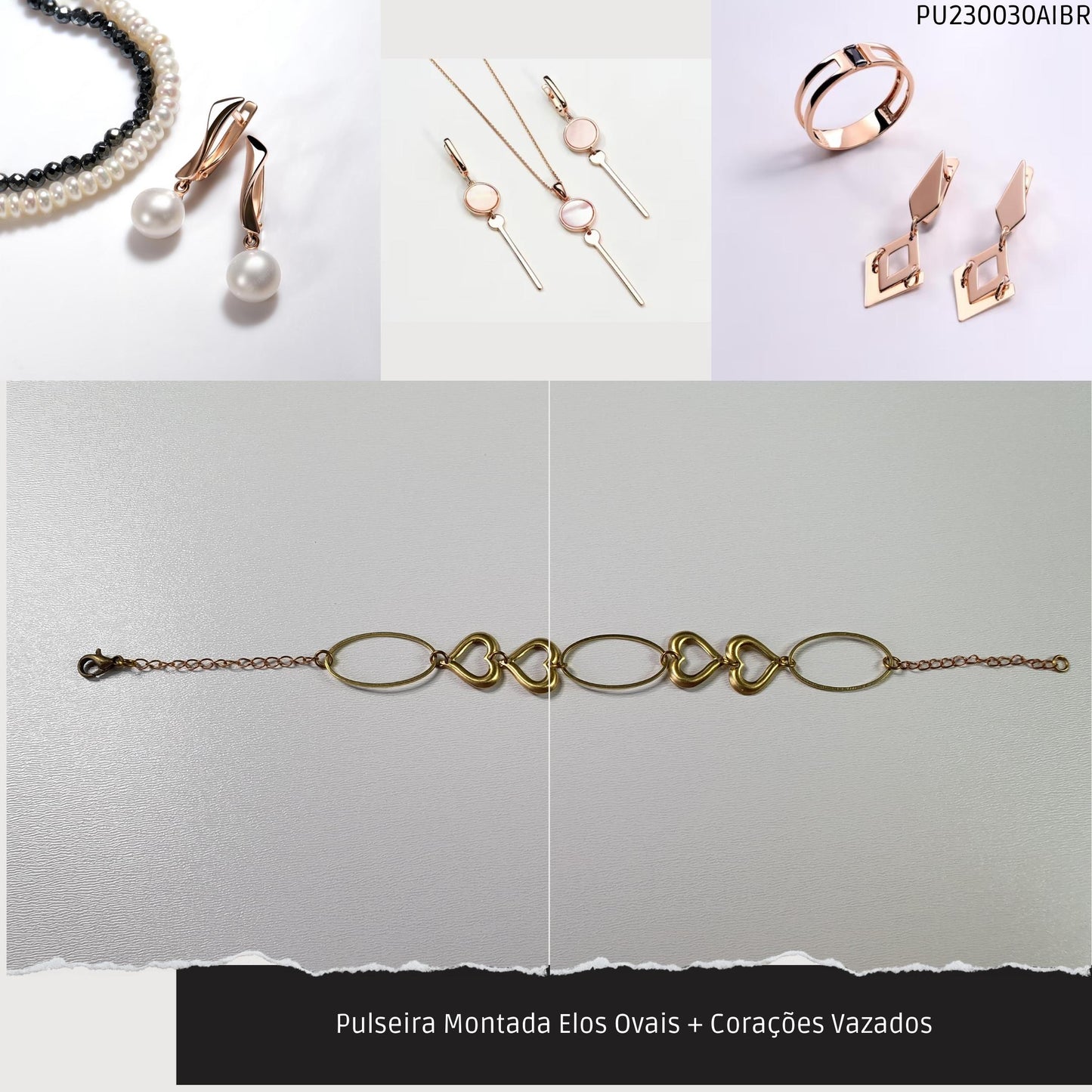 Pulseira Montada Elos Ovais + Corações Vazados  - Código.: PU230030AIBR  - Peso.: 3.1 gr