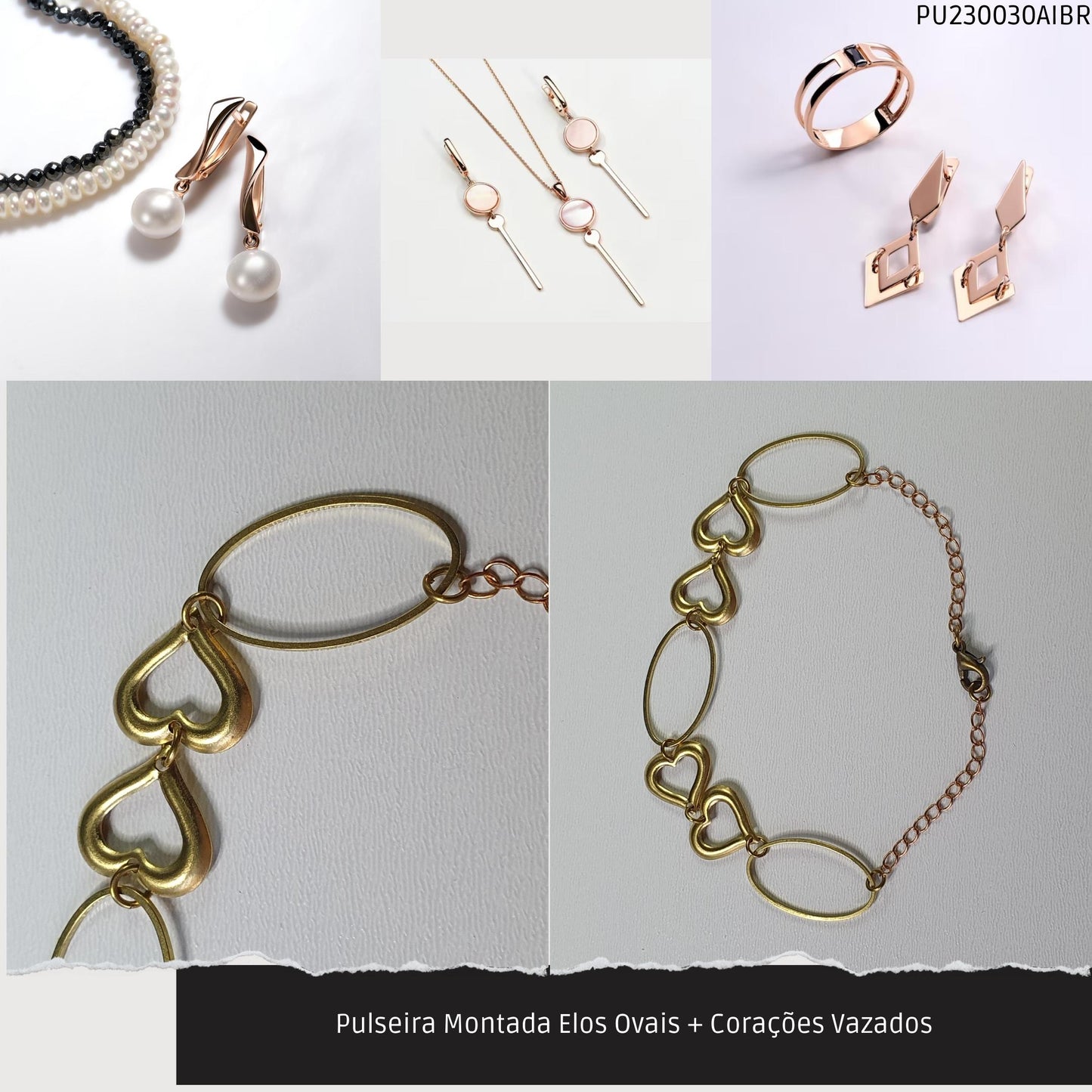 Pulseira Montada Elos Ovais + Corações Vazados  - Código.: PU230030AIBR  - Peso.: 3.1 gr