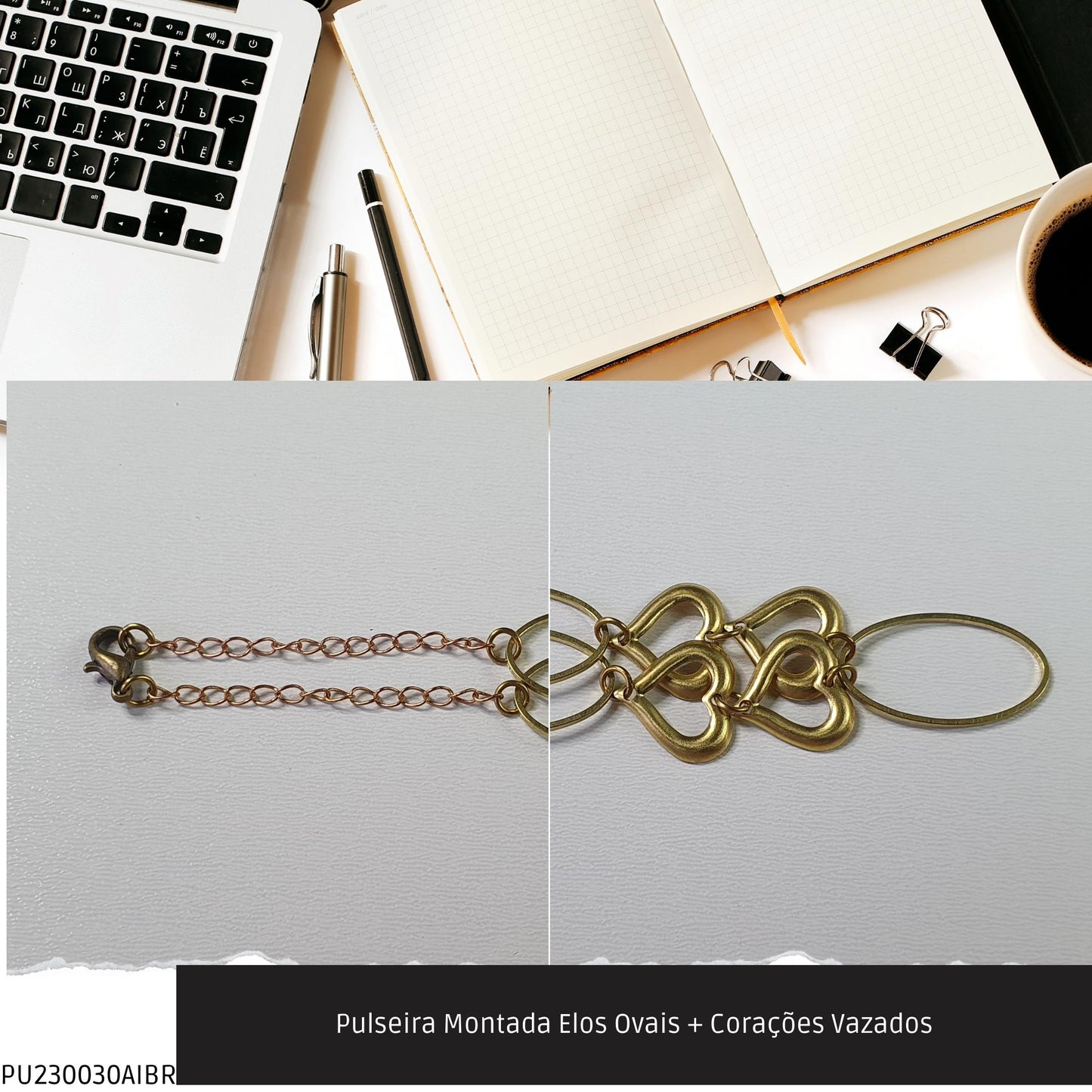 Pulseira Montada Elos Ovais + Corações Vazados  - Código.: PU230030AIBR  - Peso.: 3.1 gr