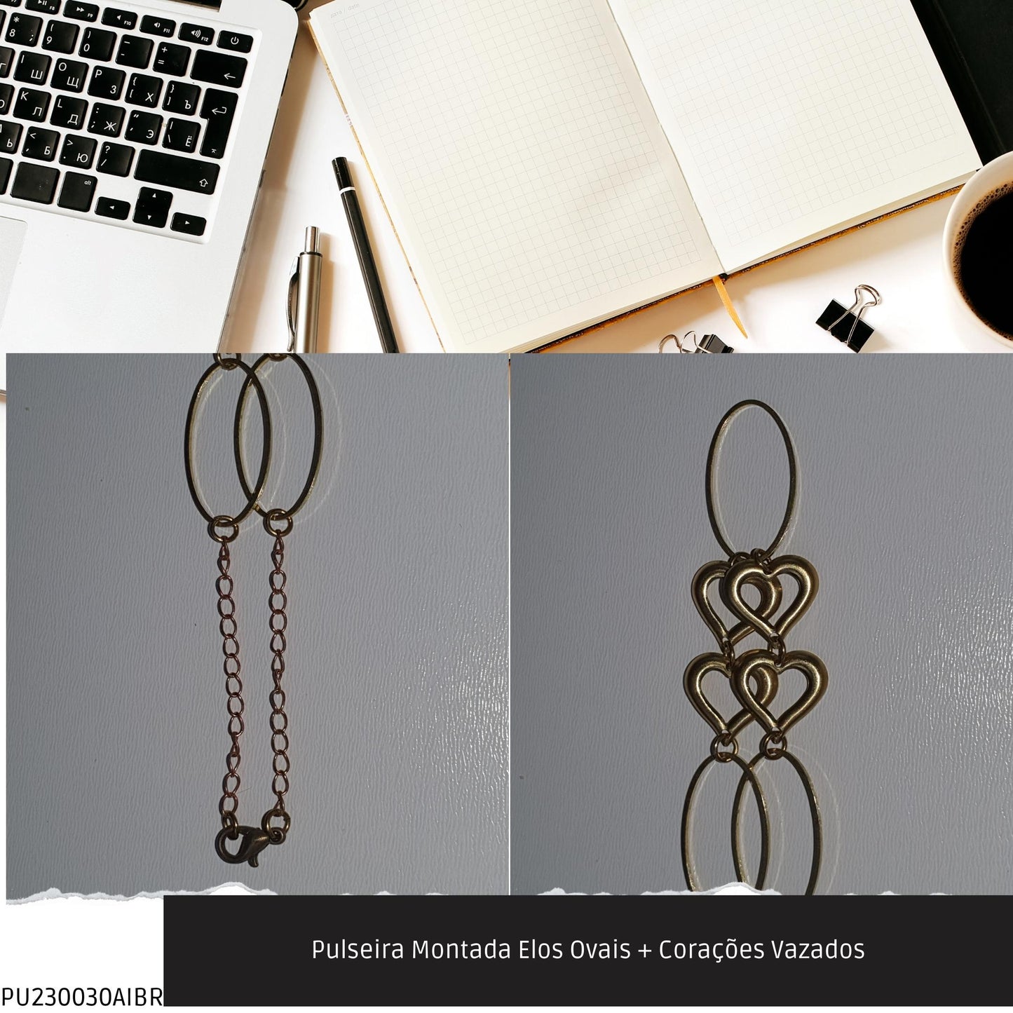 Pulseira Montada Elos Ovais + Corações Vazados  - Código.: PU230030AIBR  - Peso.: 3.1 gr