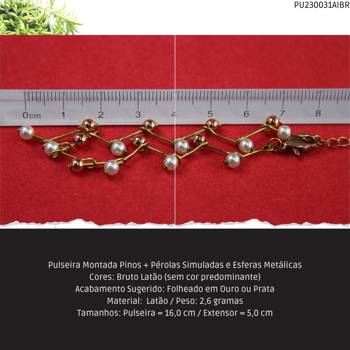 Pulseira Montada Pinos + Pérolas Simuladas e Esferas Metálicas  - Código.: PU230031AIBR  - Peso.: 2.6 gr